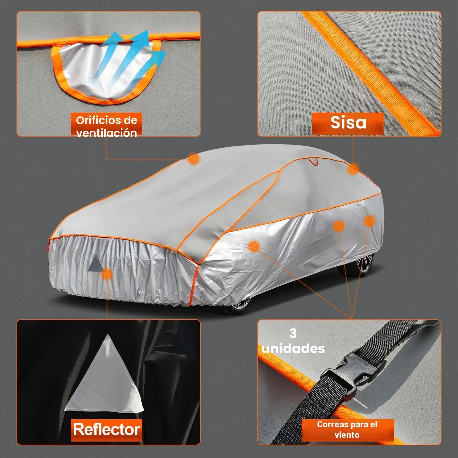 Funda Coche Antigranizo, Kayme Cubre Coches Exterior Impermeable Transpirable Antipolvo Anti-UV, Funda Repelente Cubierta para Coche con Tira Reflectante para Sedán (475 a 495 cm) 3XL Gris