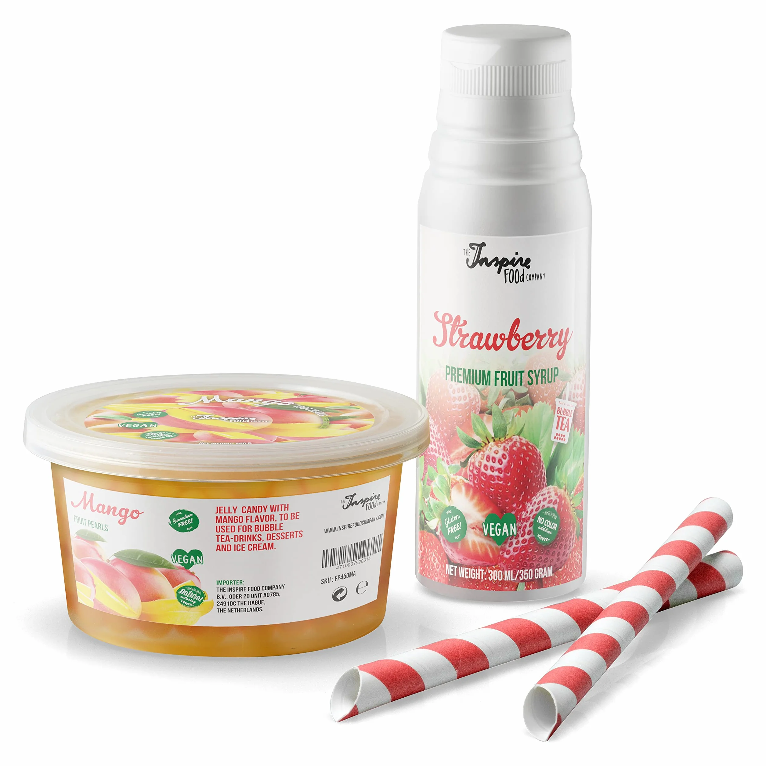 INSPIRE FOOD Set de Perlas de Bubble Tea - Mango Popping Boba 450g, Jarabe de Fresa 300ml, 2 Sorbetes