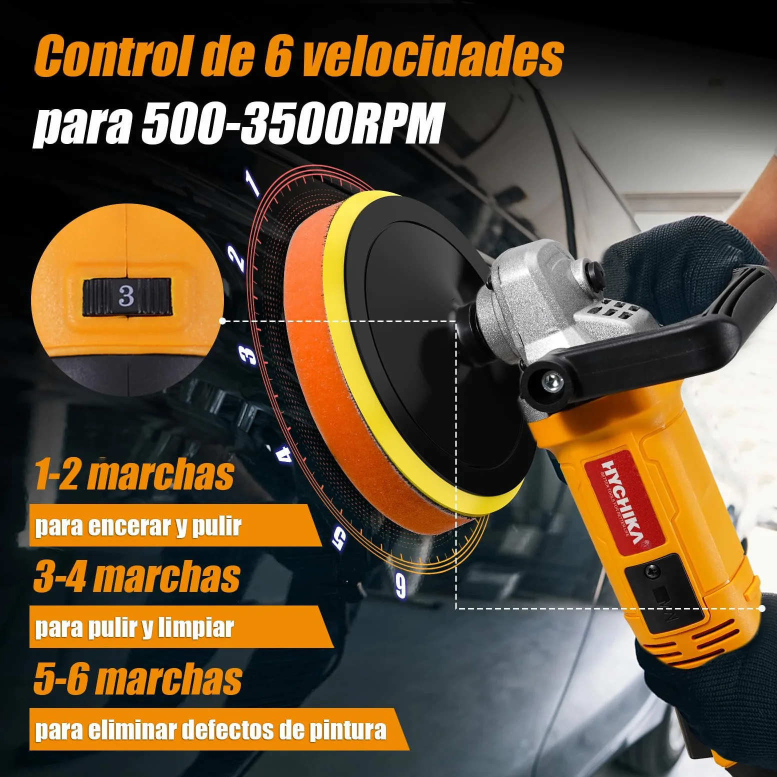 HYCHIKA Pulidora Coche 1580W, Pulidora Rotativa Con 6 Velocidades Control Variable, Pulidora Con Motor de Cobre Puro, con Almohadilla de Pulido de 180 mm, Kit Pulido Coche