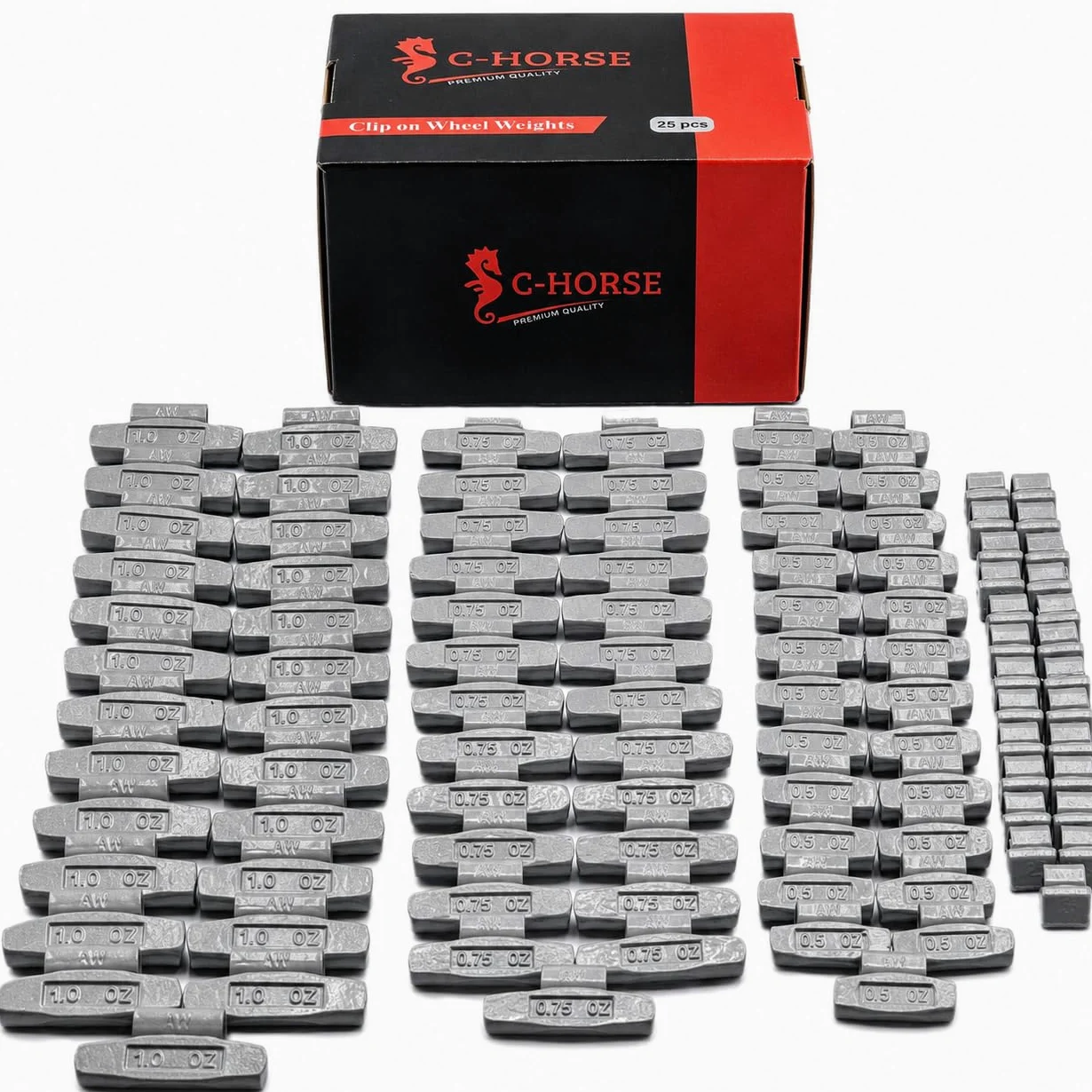 C-Horse Pesas de Rueda con Clip – Equilibradores de llanta Tipo Martillo Estilo AW – 7,1 g, 14,2 g, 21,3 g, 28,3 g, 25 Piezas Cada uno – Calidad Profesional para Coche, vehículo, Accesorios de