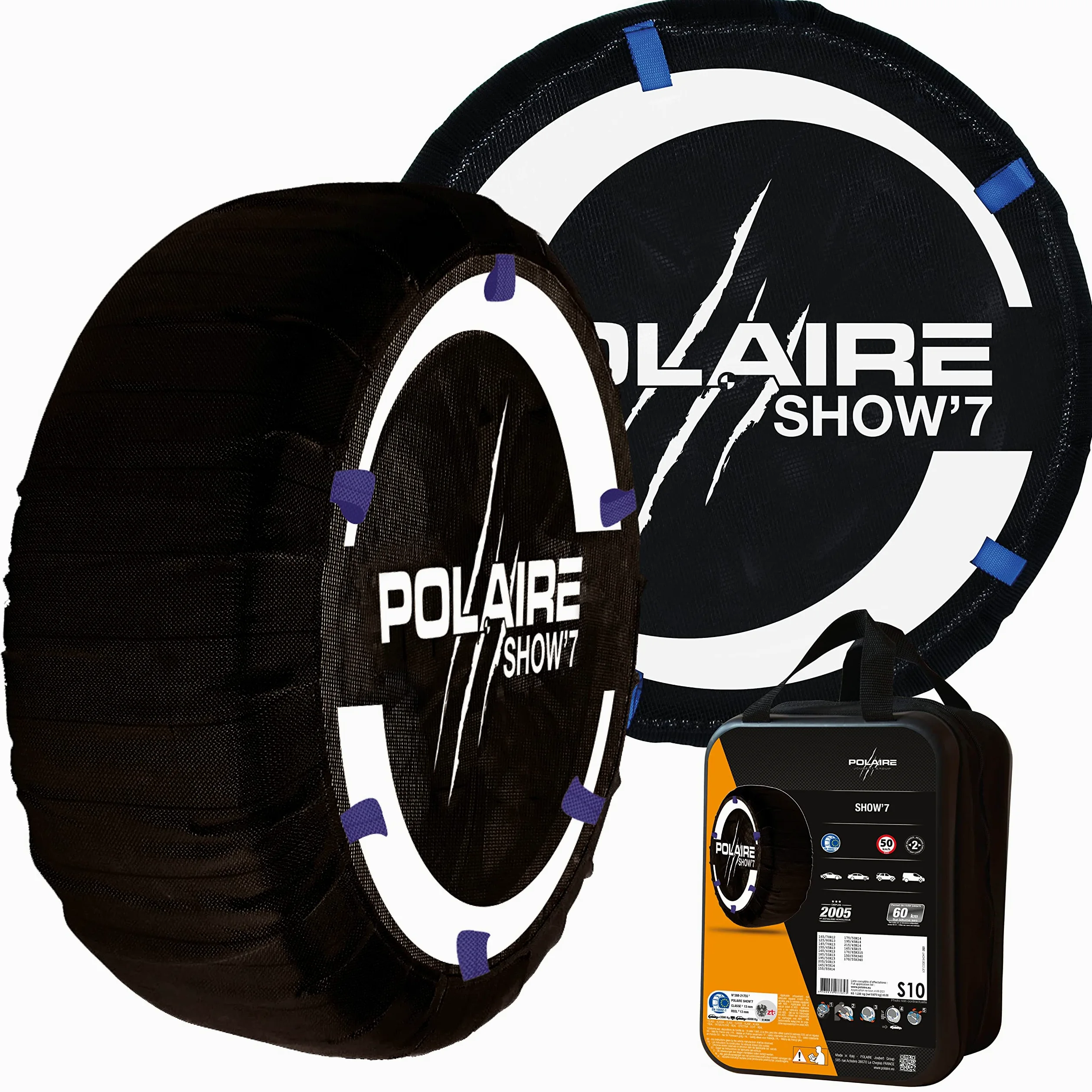 Polaire SHOW 7 – Par de cadenas textiles para nieve de alta resistencia para vehículos utilitarios ligeros y 4 x 4 – Tipo calcetín – Silencioso y ligero – Incluye caja de transporte y guantes