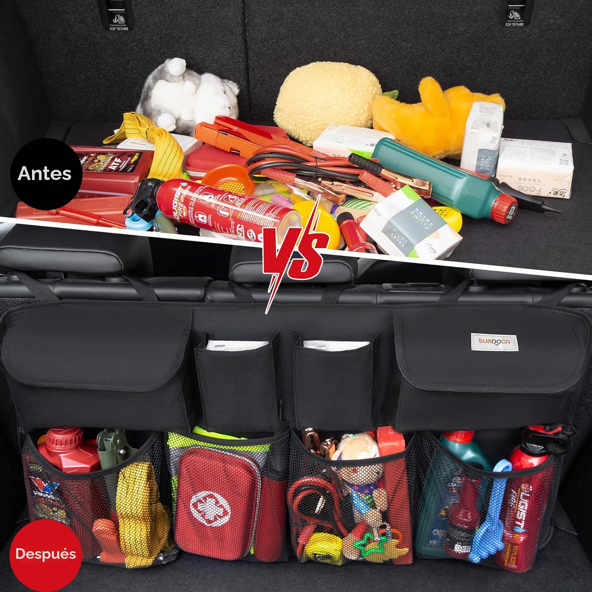 SURDOCA Organizador Coche, 4 Gen 110 * 48 cm Capacidad Extra Grande - XL, Organizador para Colgar en el Asiento Trasero del Coche, Experto en Ahorro de Espacio, Negro