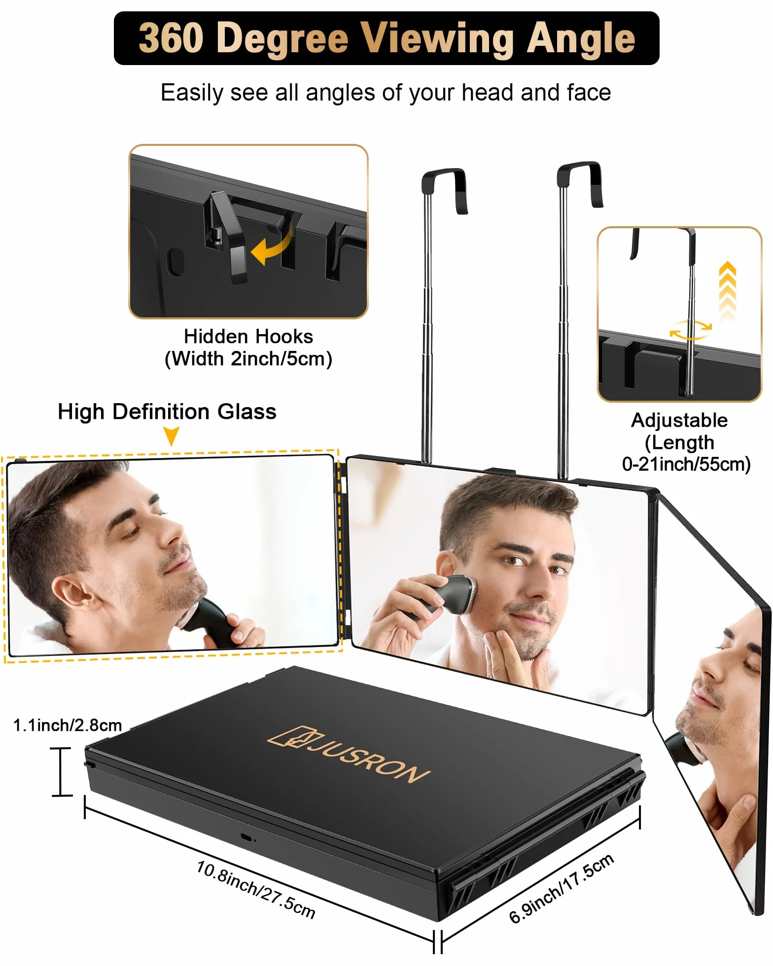 JUSRON Espejo de 3 Vías, Espejo 360º Colgable Portátil, Espejo Maquillaje de 3 Lados Altura Ajustable con Gancho Retráctil