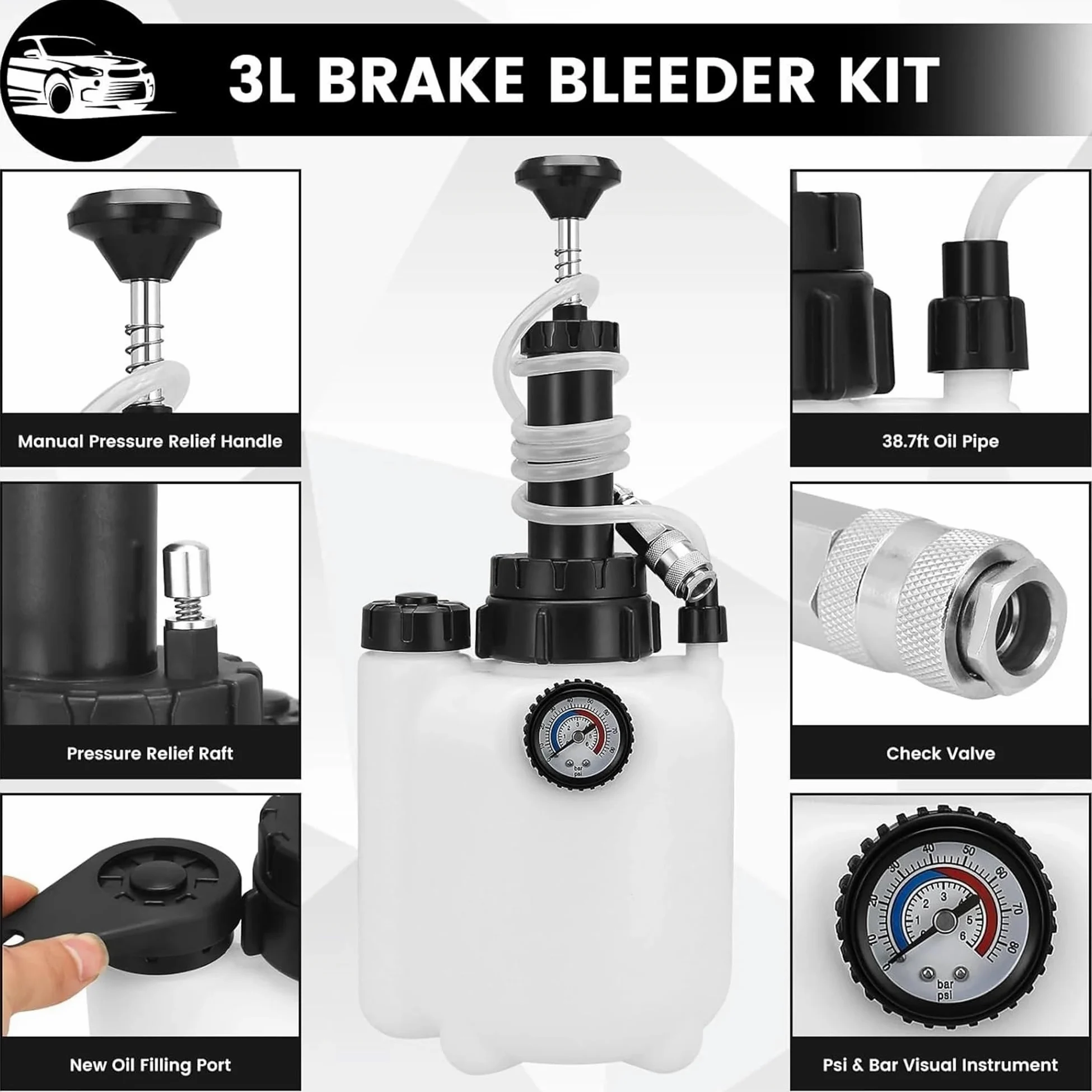 Pinzas de pistones de freno Kit de purga de líquido de frenos Manual para coche, bomba de presión de vacío de 3L, máquina de descarga profesional neumática(Style C 1set)