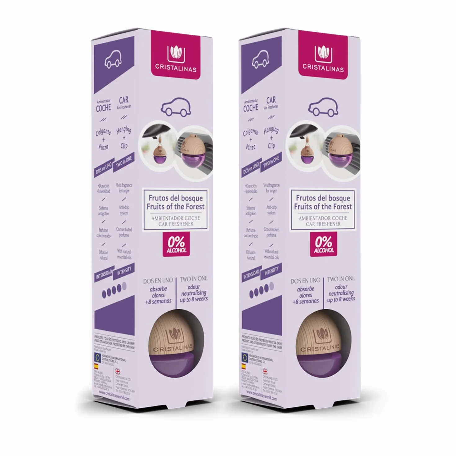 CRISTALINAS | Pack 2 Ambientadores Esfera para Coche| Aroma a Frutos del Bosque | Absorbe los Malos Olores de tu Vehículo con un agradable Aroma | Larga Duración 8 Semanas | 6 ml | 0% Alcohol