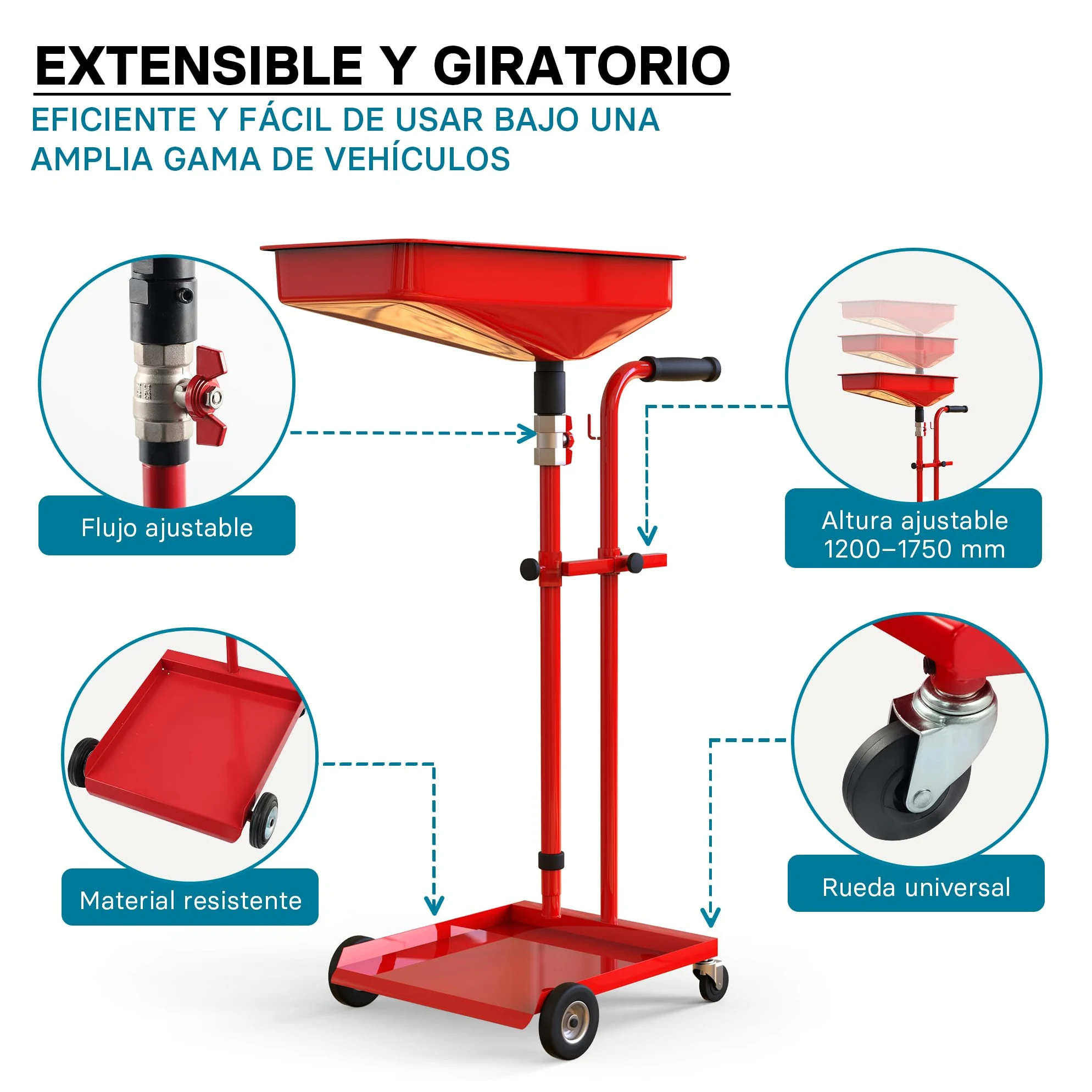 Wiltec Carro recogedor de aceite recolector para aceite usado con embudo ajustable en altura extractor