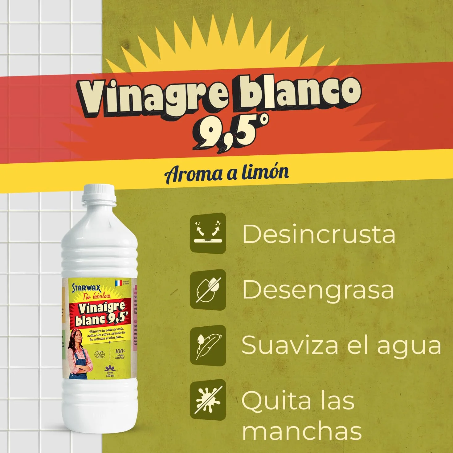 STARWAX THE FABULOUS Vinagre Blanco 14° Muy Concentrado 1L Elimina Cal Limpia Abrillanta 100% Natural