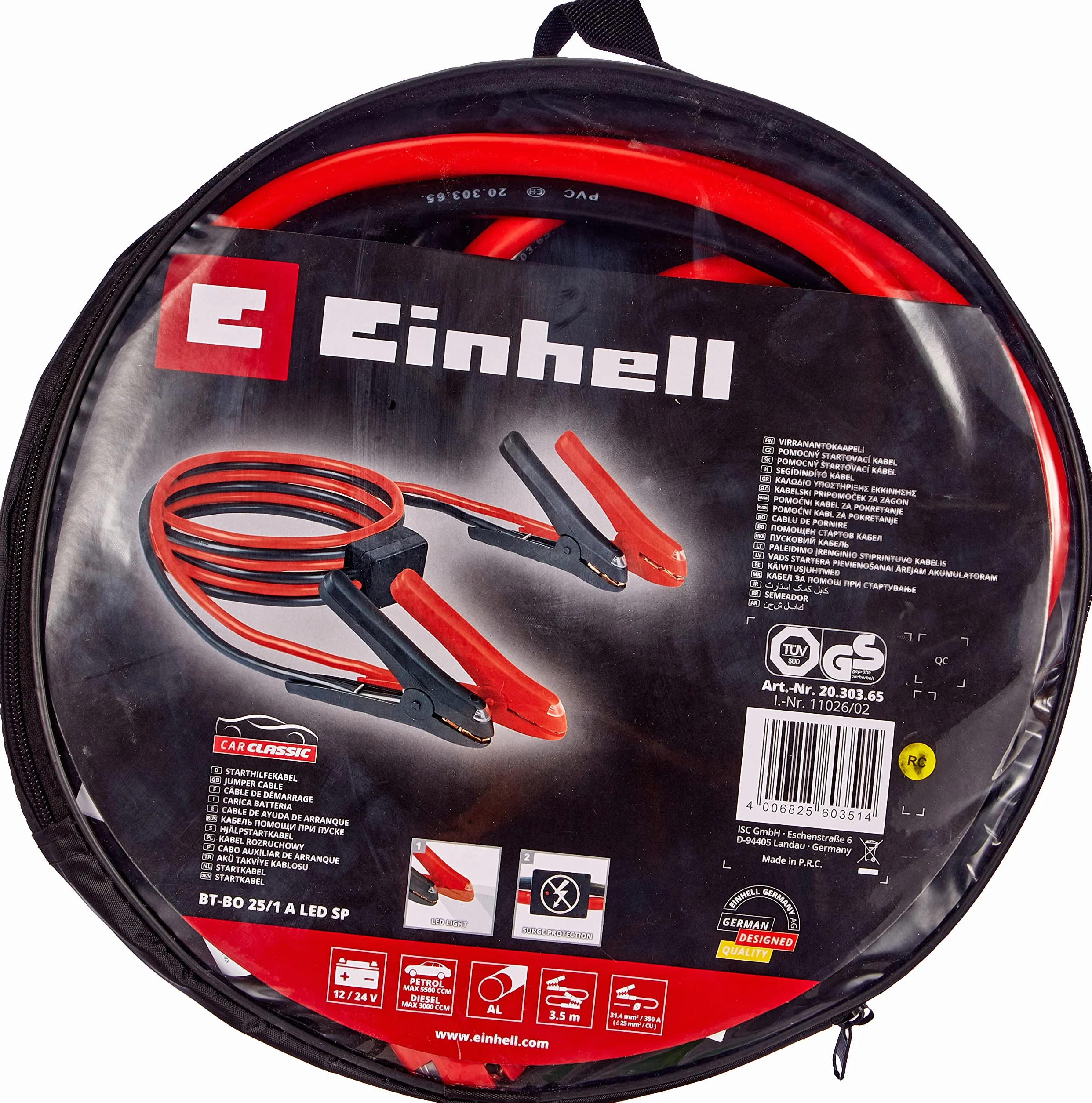 Einhell Arranque Cable BT de BO 25/1 A LED SP (3,5 m, para los Motores de Gasolina, hasta 5500 CCM para Motores diésel hasta 3000 CCM, Incluye Bolsa de Transporte)