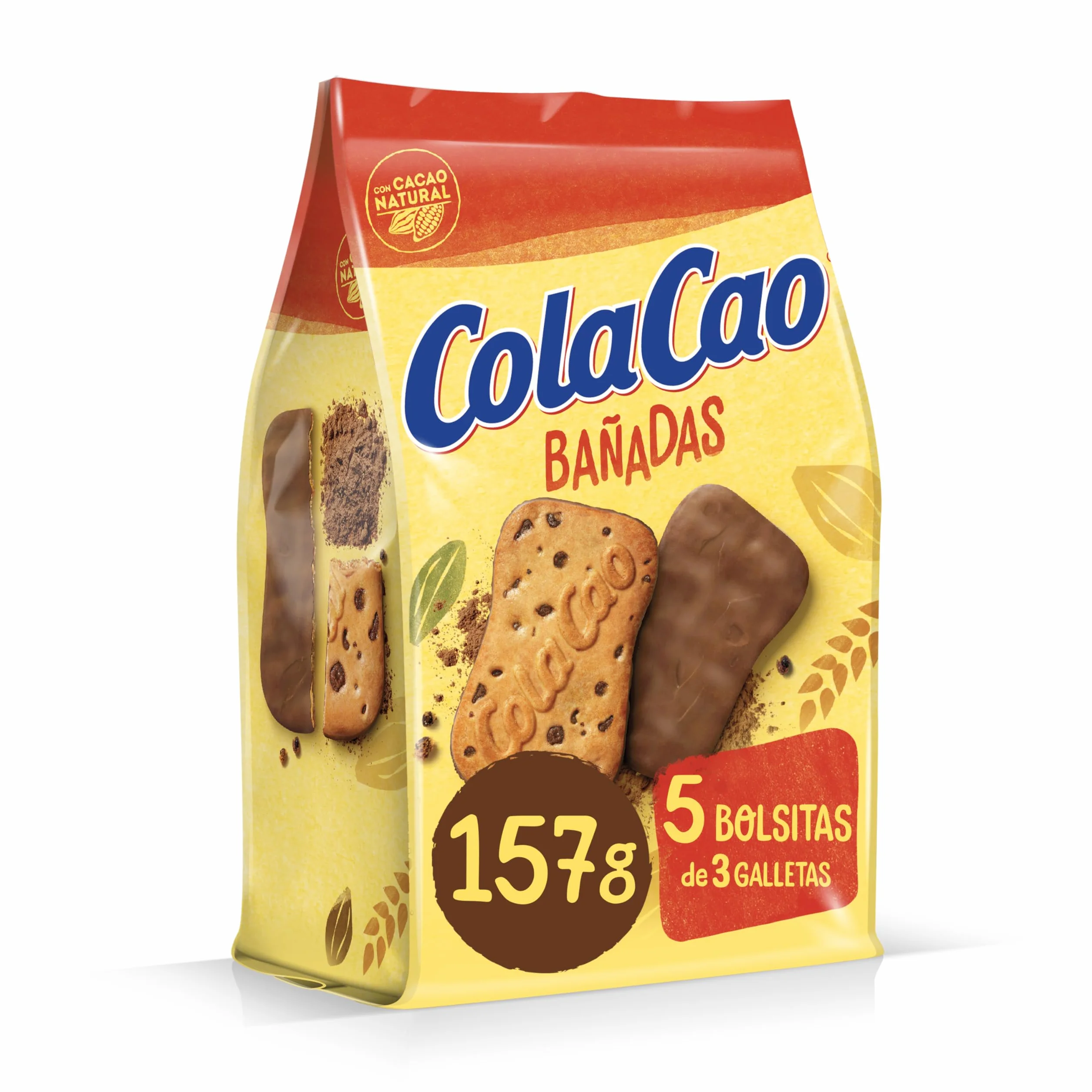 ColaCao Galleta Bañada en Cacao Natural con Pepitas de Chocolate 5 Packs 3 Unidades 157g