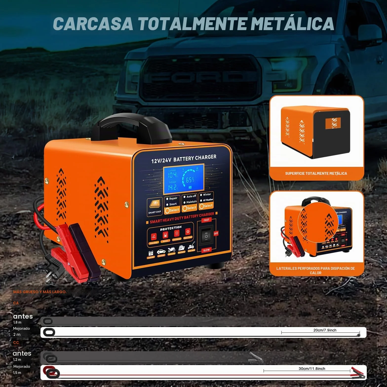 20A Cargador de Baterías Metal 12V/24V Profesional Mantenedor Automático, Cargador Inteligente con Apagado Automático, Reparación, Modo Invierno para Coche Camión Moto (Plomo, AGM, Gel, etc)