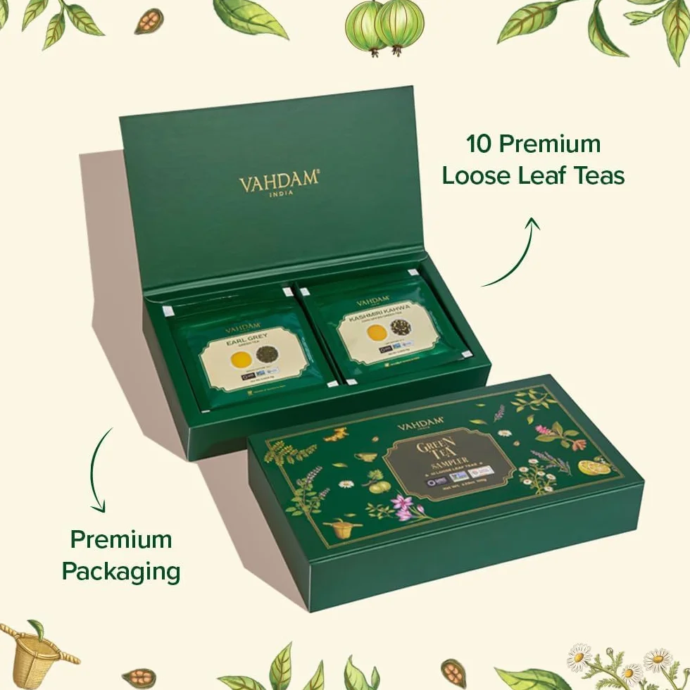 VAHDAM Caja De Regalo Surtida De Té Verde 10 Sabores Sin Gluten Sin OGM Tés Exóticos De Hojas Sueltas