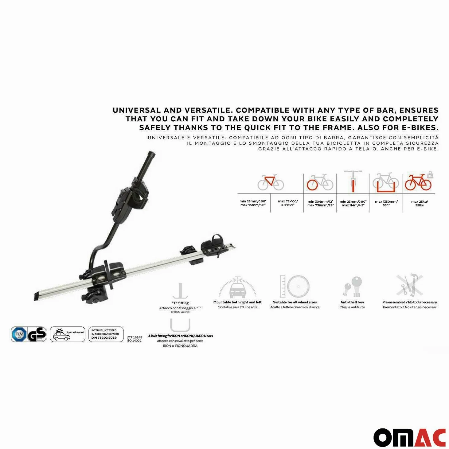 OMAC Portabicicletas P-Style Dachfahrradträger Compatible con Bicicletas bis 25 kg TÜV Acero