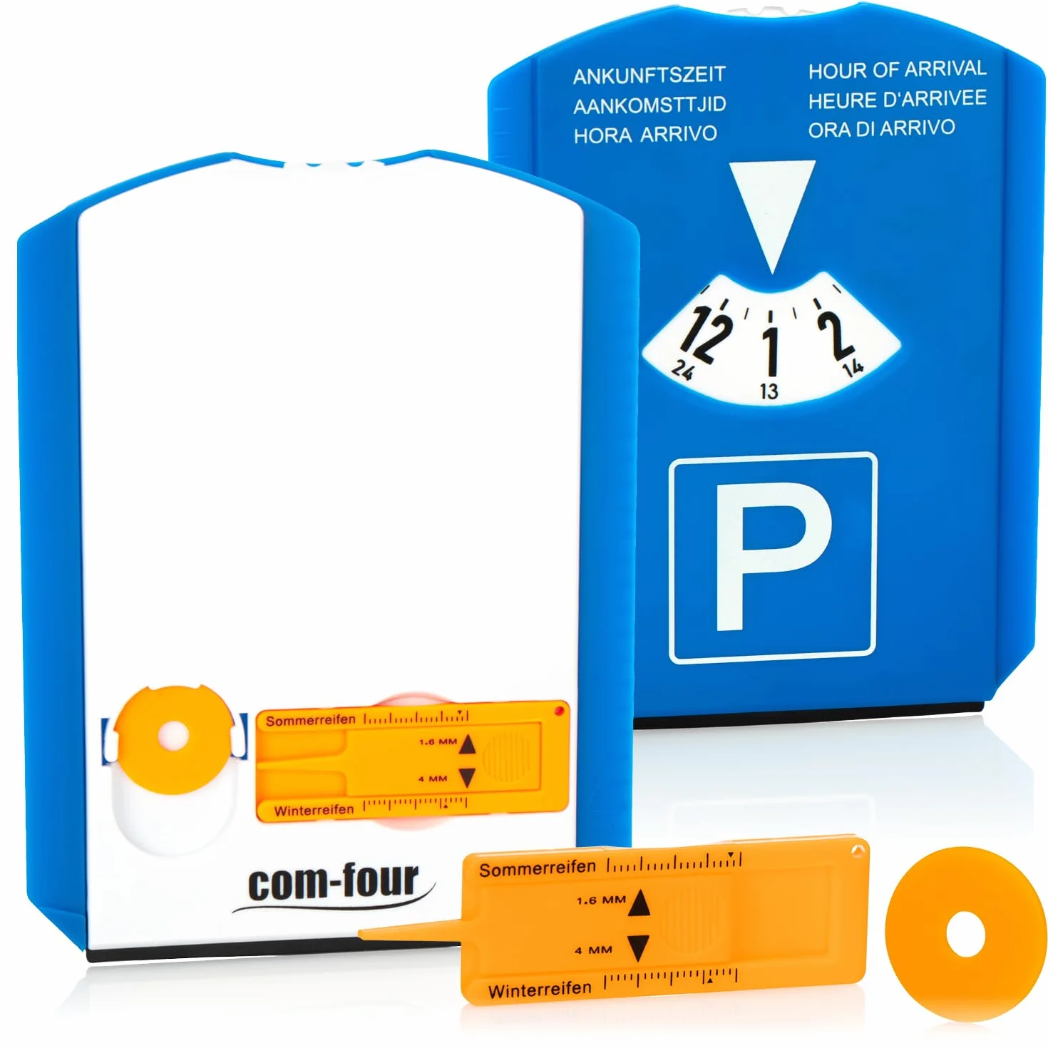 com-four® 2X Disco de Aparcamiento con Raspador de Hielo, Borde de Goma, Chip para Carro de Compra y Medidor Perfil Neumático - Parquímetro de Plástico (02 Piezas - con Chip + Cuchillo perfilado)