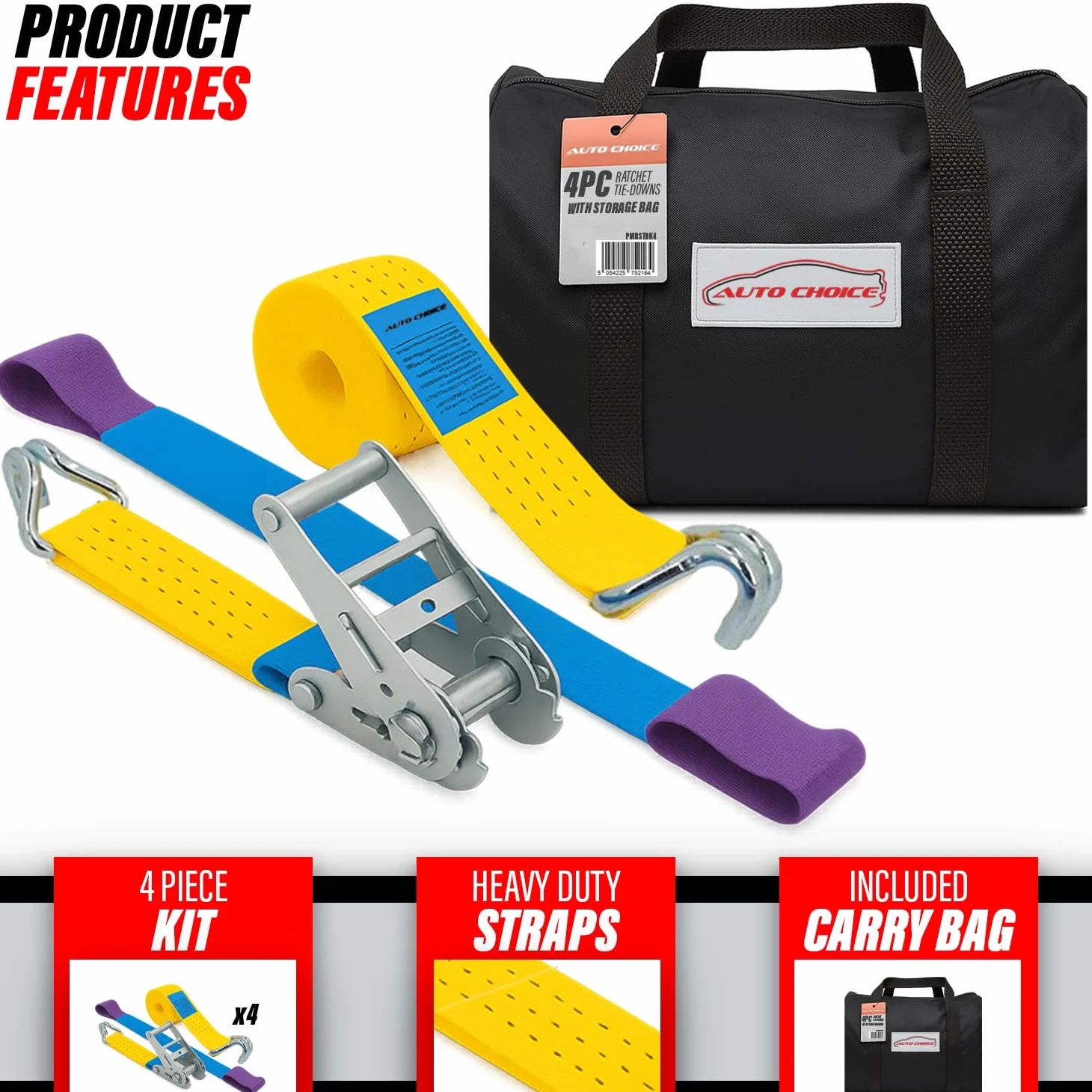 Xtremeauto BS EN121 - Juego de 4 correas de rueda de transporte de coche – Juego de tensores de amarre de trinquete de 50 mm con ganchos de garra – Correas amarillas de 3 partes con desviador suave