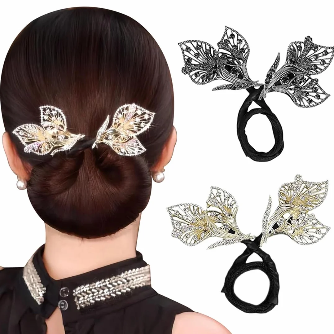 2 Piezas Gomas para el Pelo Moño Donut Herramienta de Rosquilla Giratoria, Accesorios para el Cabello de Diamantes Imitación