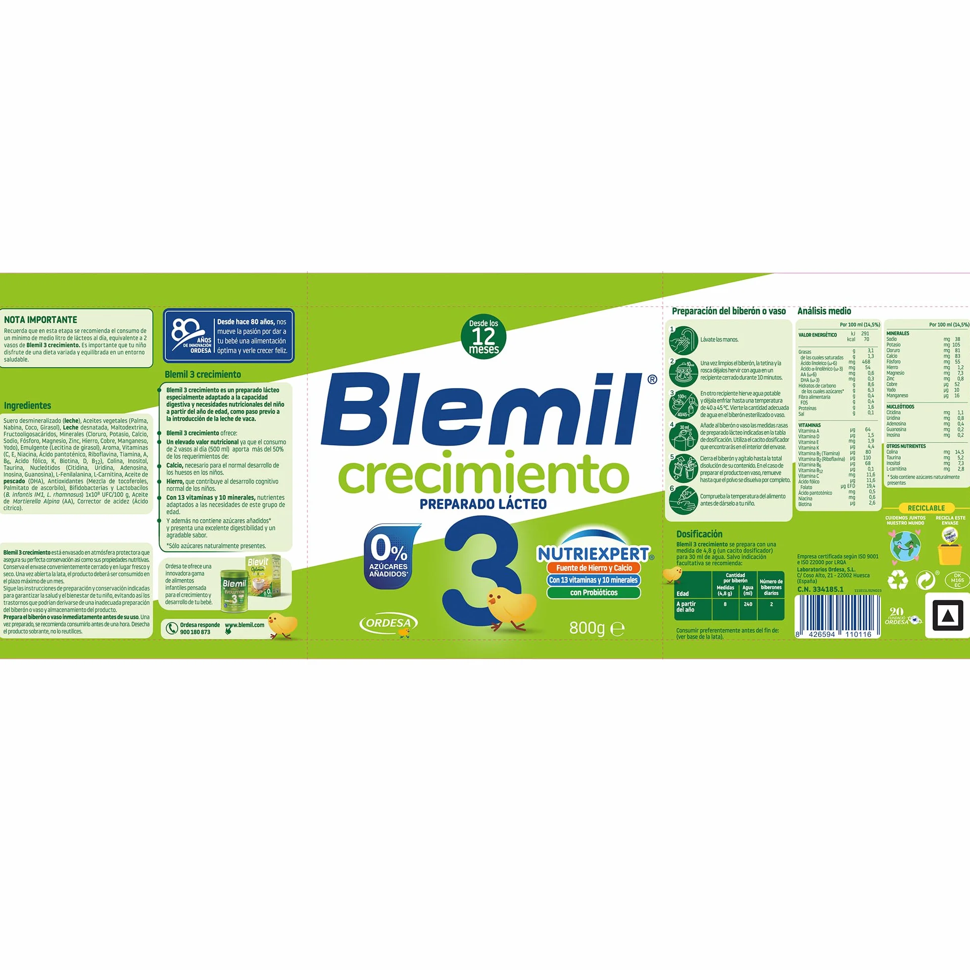 Blemil 3 Crecimiento 0% Azúcares Añadidos 800g Preparado Lácteo en polvo para Niños 1-3 Años