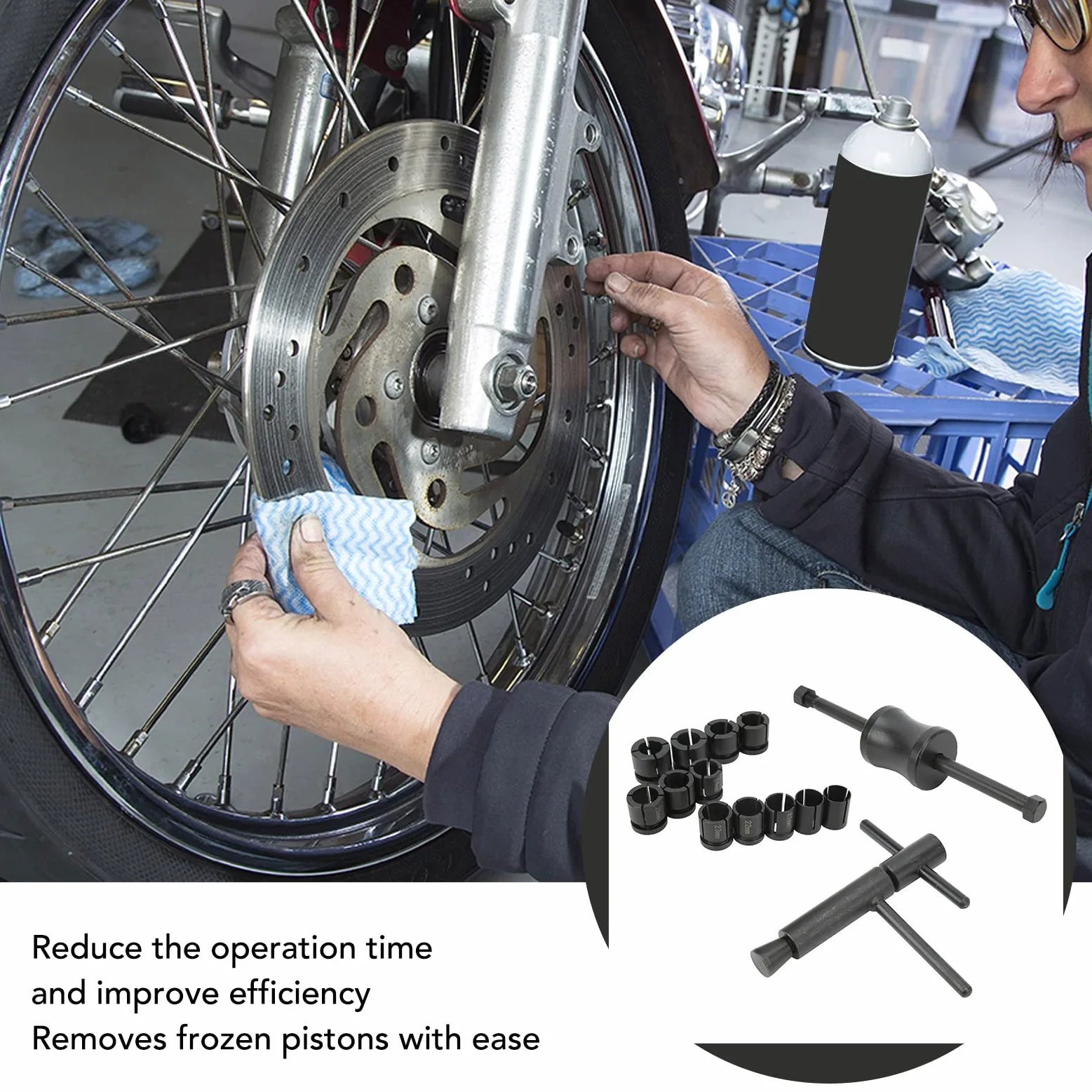 Juego de Extracción de Pistón de Freno de Motocicleta Aramox, Herramienta de Extracción de Pistón de Pinza de Freno de Motocicleta, 12 Adaptadores, Ajuste Universal para