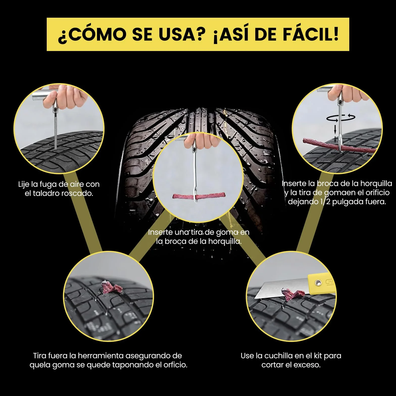 27PCS Kit Repara Pinchazos para Coche/Moto/Caravana, Kit antipinchazos neumático, Arreglar pinchazos en 3 Minutos, Mechas + Accesorios completos, Compacto para Maletero, Fácil Uso sin Experiencia