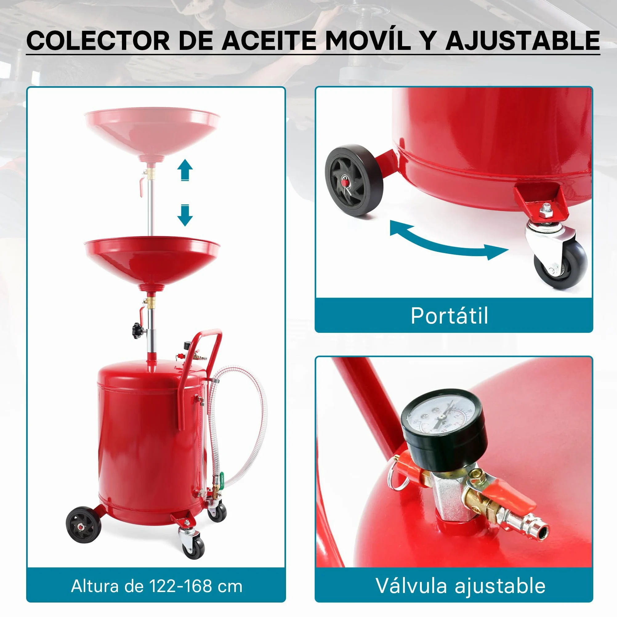 WilTec Recogedor de Aceite Usado 80l, Altura regulable122-168cm y chasis 4 Ruedas, Vaciado Aire a presión