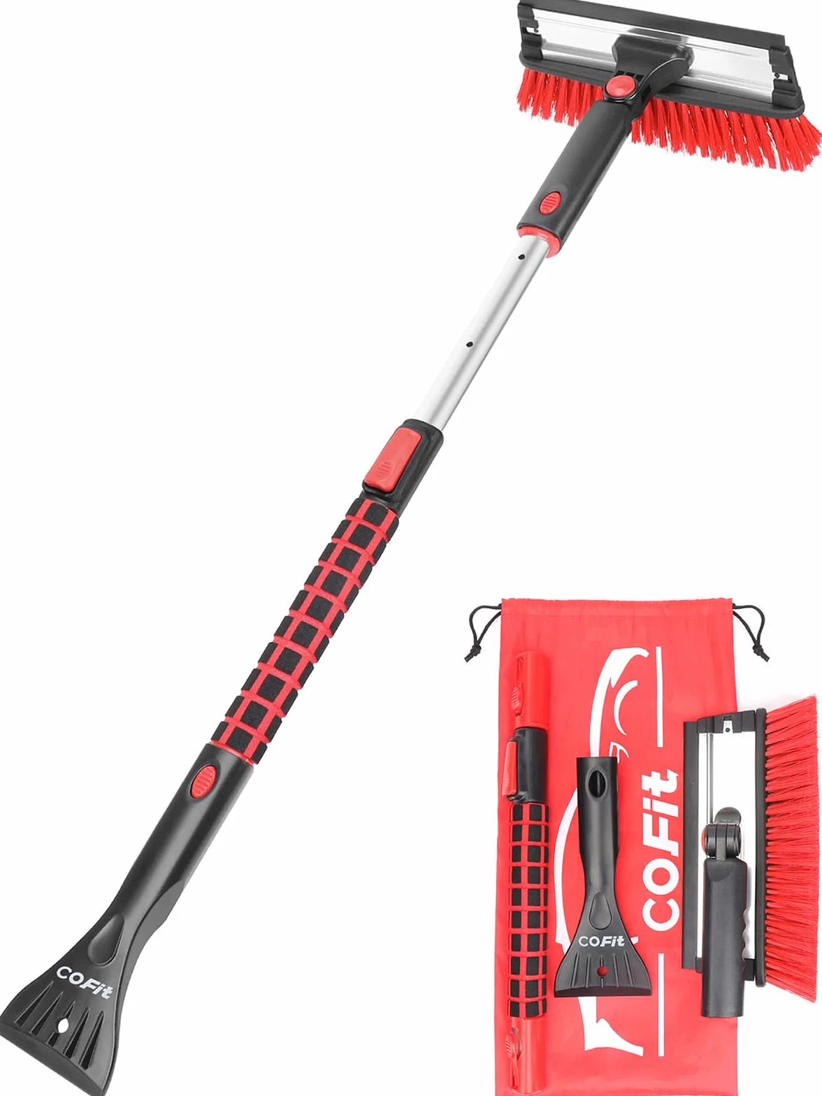 COFIT 3 en 1 Cepillo de Nieve y Rascadores Hielo con Telescopico Mango, 100cm Rasqueta Vitroceramica Parabrisas, Herramienta Quitar Sin Arañazos para Autocaravanas Camion SUV Exterior Limpieza, Rojo