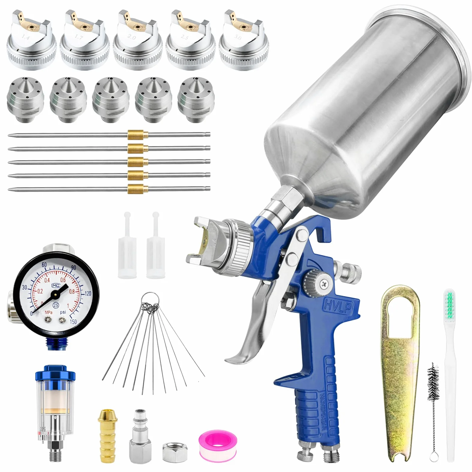 HVLP - Kit de pistola de pintura de alimentación por gravedad automotriz con 5 boquillas de 1.4/1.7/2.0/2.5/3.0 mm y taza de aluminio de 1000 cc, pistola de pintura automotriz para pintura de