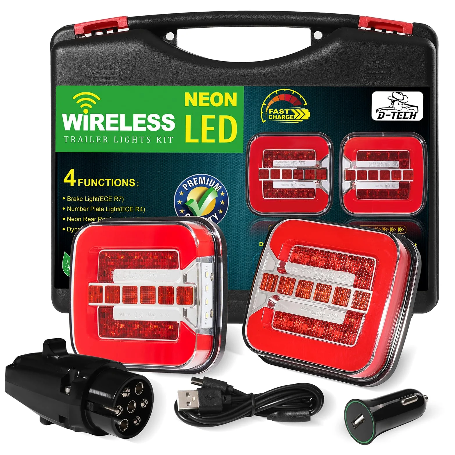 D-TECH Piloto led neon 4 servicios remolque inalámbricos,Kit inalámbrico de luces traseras LED magnética para remolque camion,Juego de Luces Traseras para Remolque de Iluminación,Pilotos remolque iman