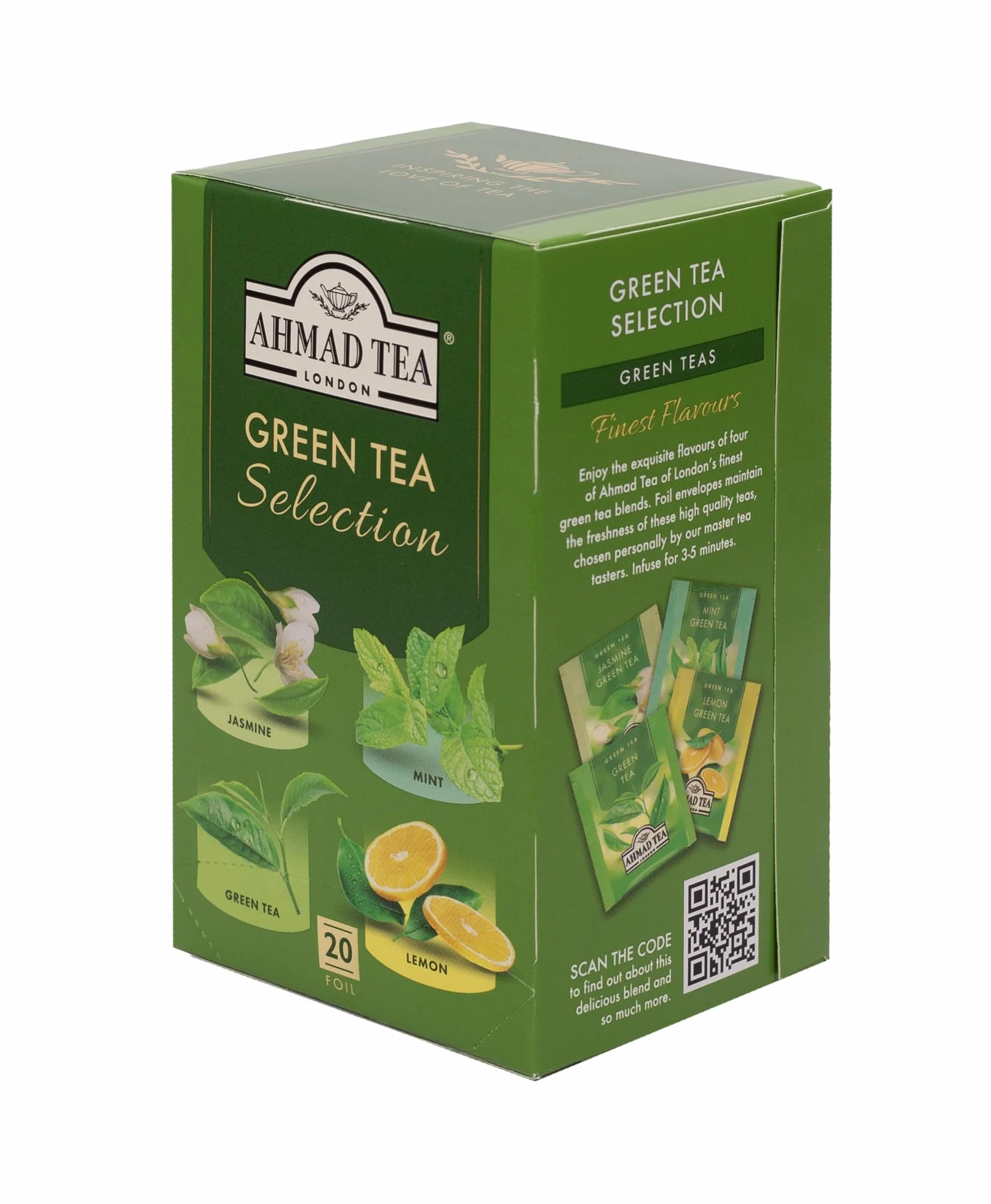 Ahmad Tea Green Tea Selection - Surtido de té verde - Clásico, jazmín, menta, limón - 20 bolsitas de té