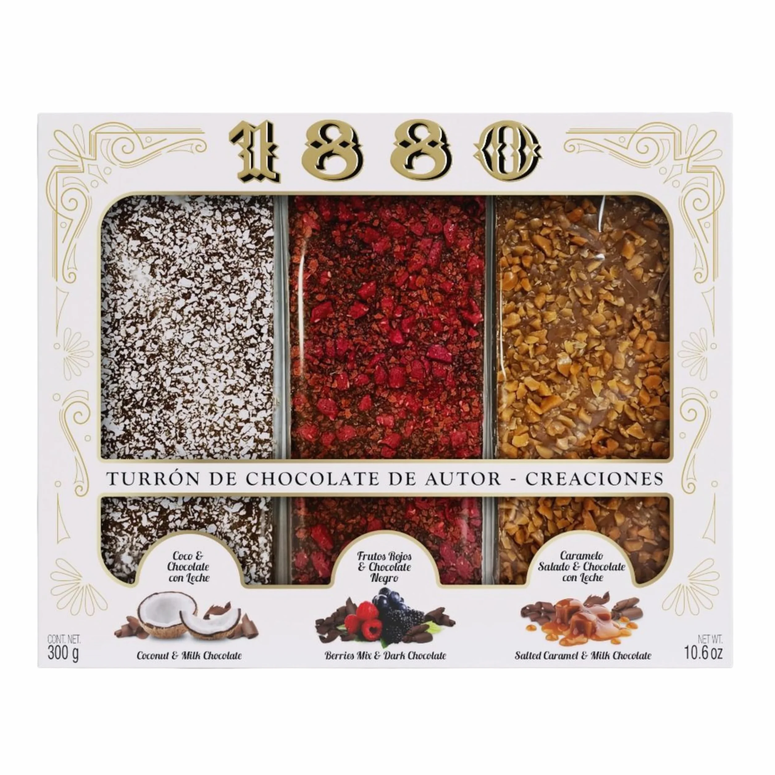 Degustación Turrones Chocolates de Autor 3 gustos Coco & Chocolate con leche Turrón de Frutos Rojos & Chocolate Negro Turrón de Caramelo a la Sal & Chocolate con Leche 3 x 100g Pack 300g