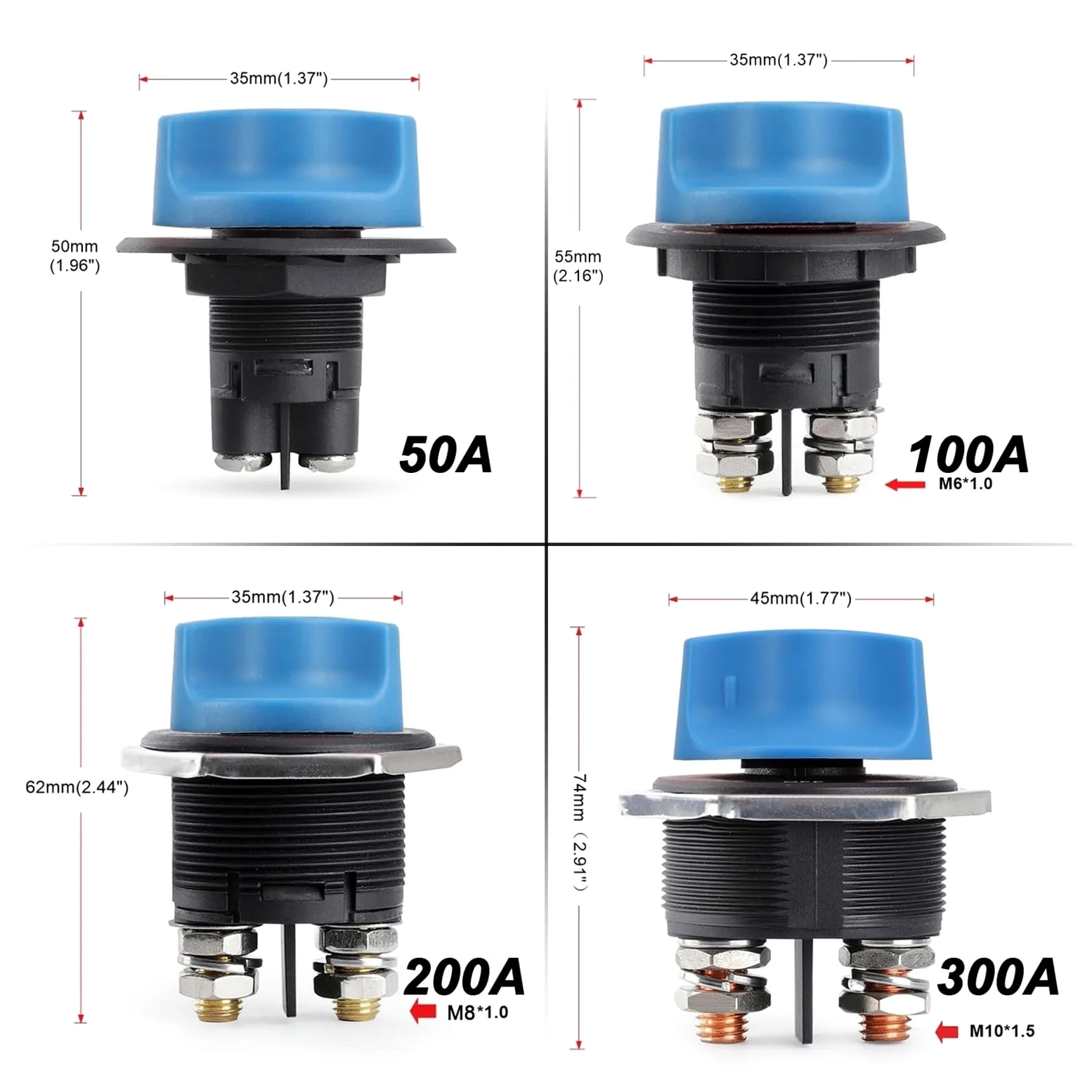 Interruptor de batería de coche, 50, 100, 200 y 300 A, azul, desconectador de batería, kit de interruptor de corte for RV, motocicleta, camión, barco(300A)