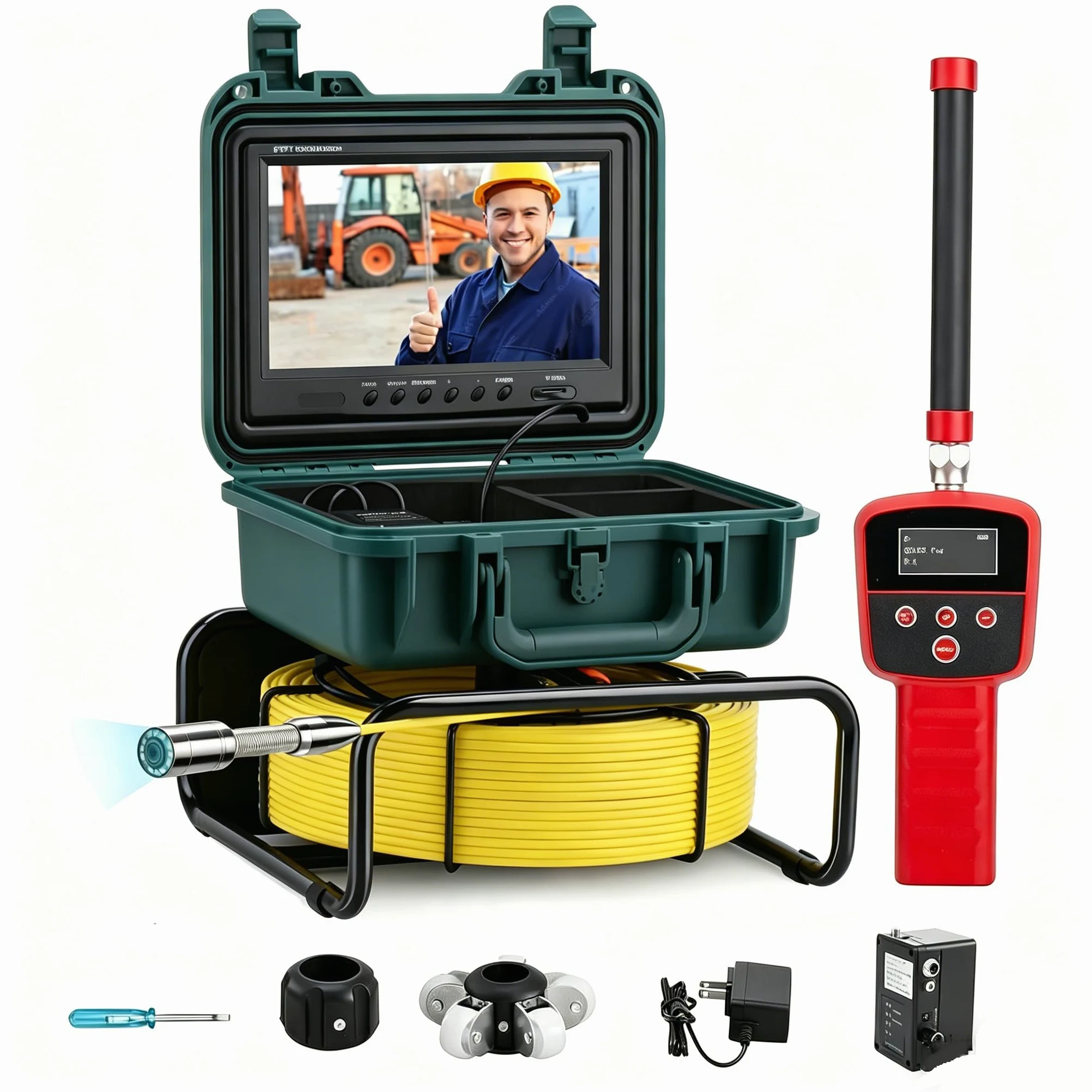 Cámara de Inspección de Alcantarillado Autonivelante 30M con Localizador 512Hz, Pantalla Táctil de 9 Pulgadas 1080P, Contador Automático, Tarjeta de 32GB y 12 Luces LED para Tuberías de Desagüe