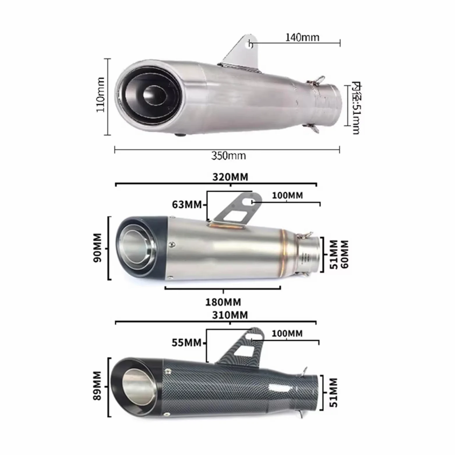 silencioso escape moto Para Kawasaki Para Ninja Para Z900 Para CB650R | Para R3 51mm silenciador de Escape para motocicleta tubo de Escape 335mm de longitud(B 51mm)