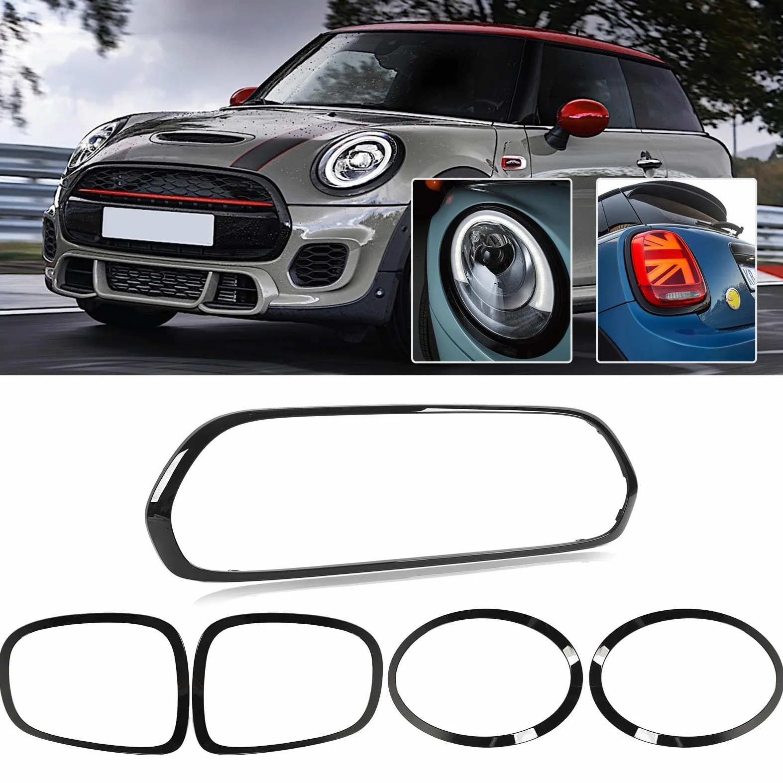 Embellecedores para Faros Delanteros de Coche, 5 Piezas, Color Negro Brillante, para Faros Traseros, Rejilla Envolvente, Marco de Repuesto para Mini F55 F56 F57 One S JCW 2014+