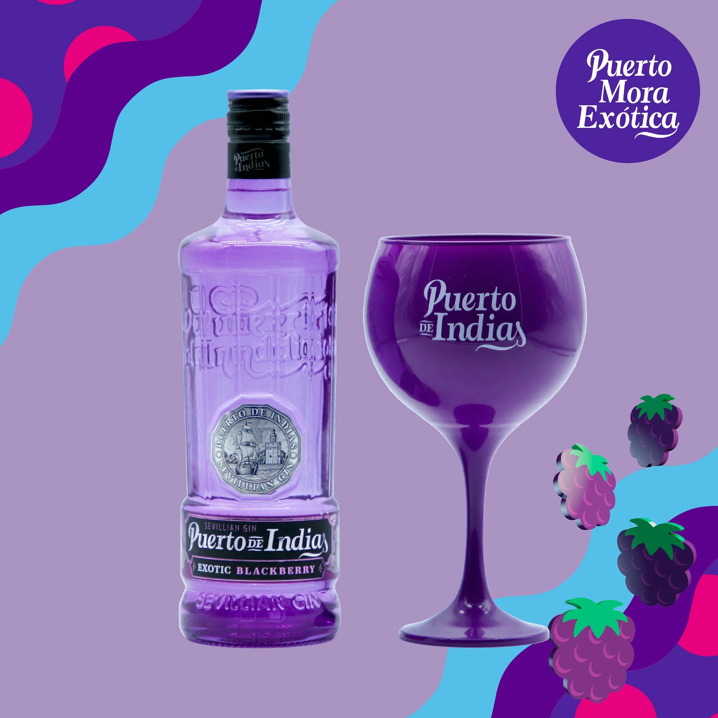 Puerto de Indias Pack Exotic Premium Gin 70 cl 37.5º + Copa de Cristal Morada