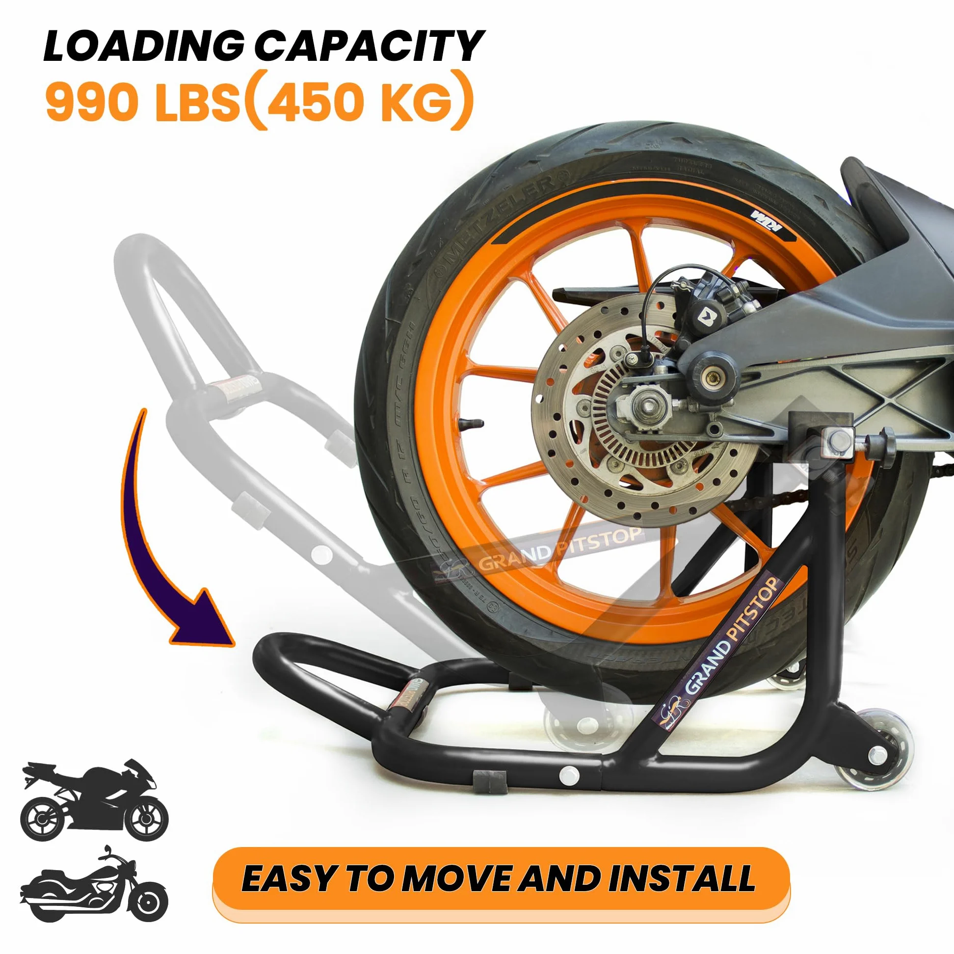 GRAND PITSTOP Motorcycle Stand, Paddock Lift Stand for Rear Wheel with Fork & Swingarm Spool,Weight capicity 990Lbs & 450 Kg's, Dismantable Stand, for Yamaha Honda Kawasaki Suzuki Motorcycles, Black