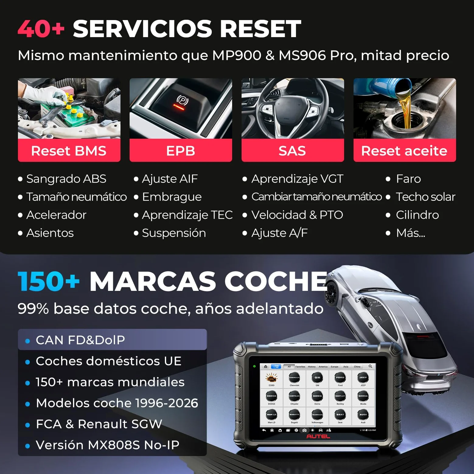 Autel MaxiCheck MX900 Maquina Diagnóstico, Como MaxiCOM MK900-BT Herramienta Escáner OBD2, Avanzado MK808BT MK808S MX808S Diagnosis Coche Multimarca, 3K+ Pruebas Activas, DoIP&CANFD, 40+ Servicio,OS11