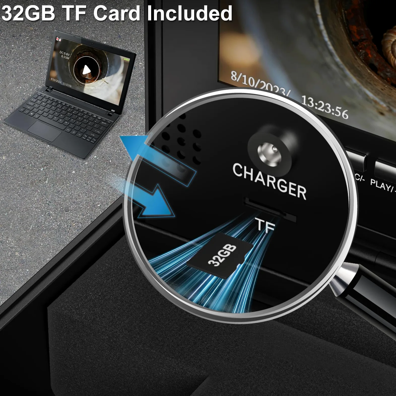 Cámara de Alcantarillado con Localizador 512Hz, Cámara Inspección Tuberías Auto Nivelante 23mm 1080P, Pantalla IPS 9", IP68 Impermeable, Contador de Metros, Batería 4500mAh, Tarjeta 32GB