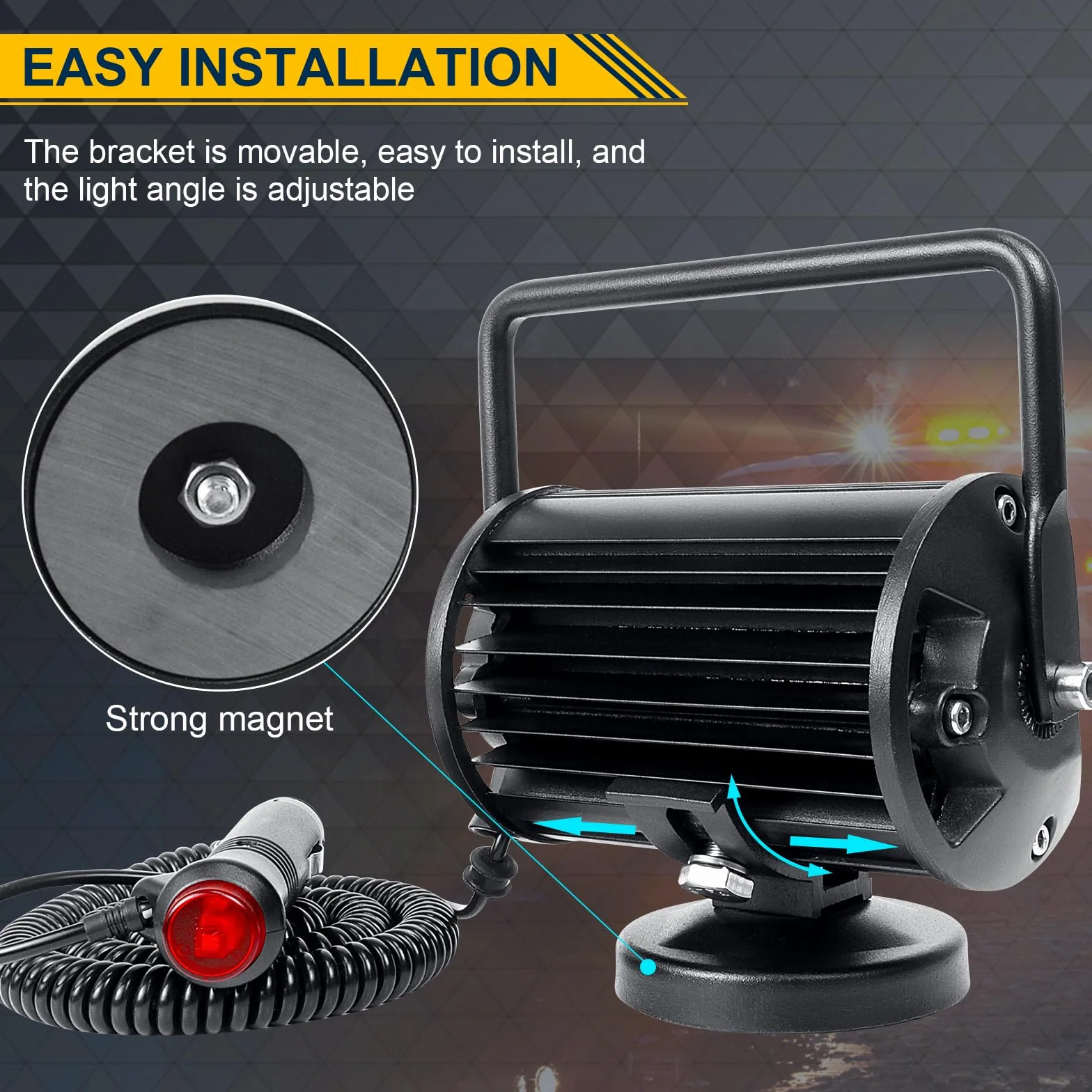 RIGIDON 72W 5" LED Work Light Bar Magnetic Base 12V 24V Flood Light for Car Truck Off-Road