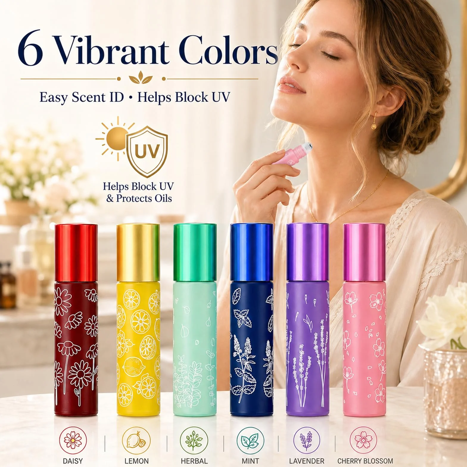 Redamancy 6 Botellas Roll On Rellenables de Cristal 10ml Set de Colores con Embudos y Abridor para Aceites Esenciales