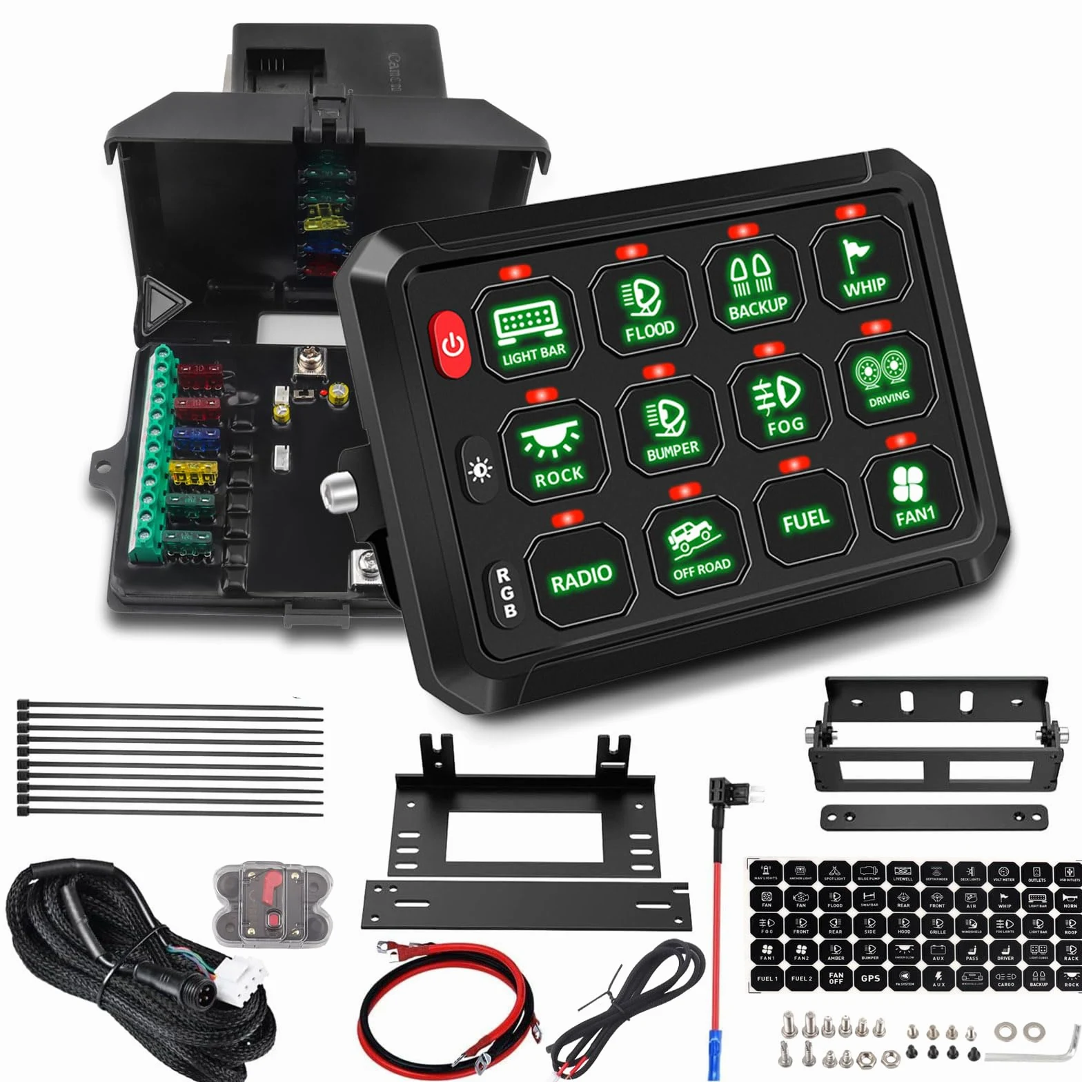 Chelhead Interruptor empotrable RGB de 12 grupos, circuito de control universal, sistema de relé de seguridad, arnés de cables para coche, camión, barco, ATV, UTV, SUV, multifuncional, 12-24 V | 12V 24V circuito de control universal sistema de relé arnés