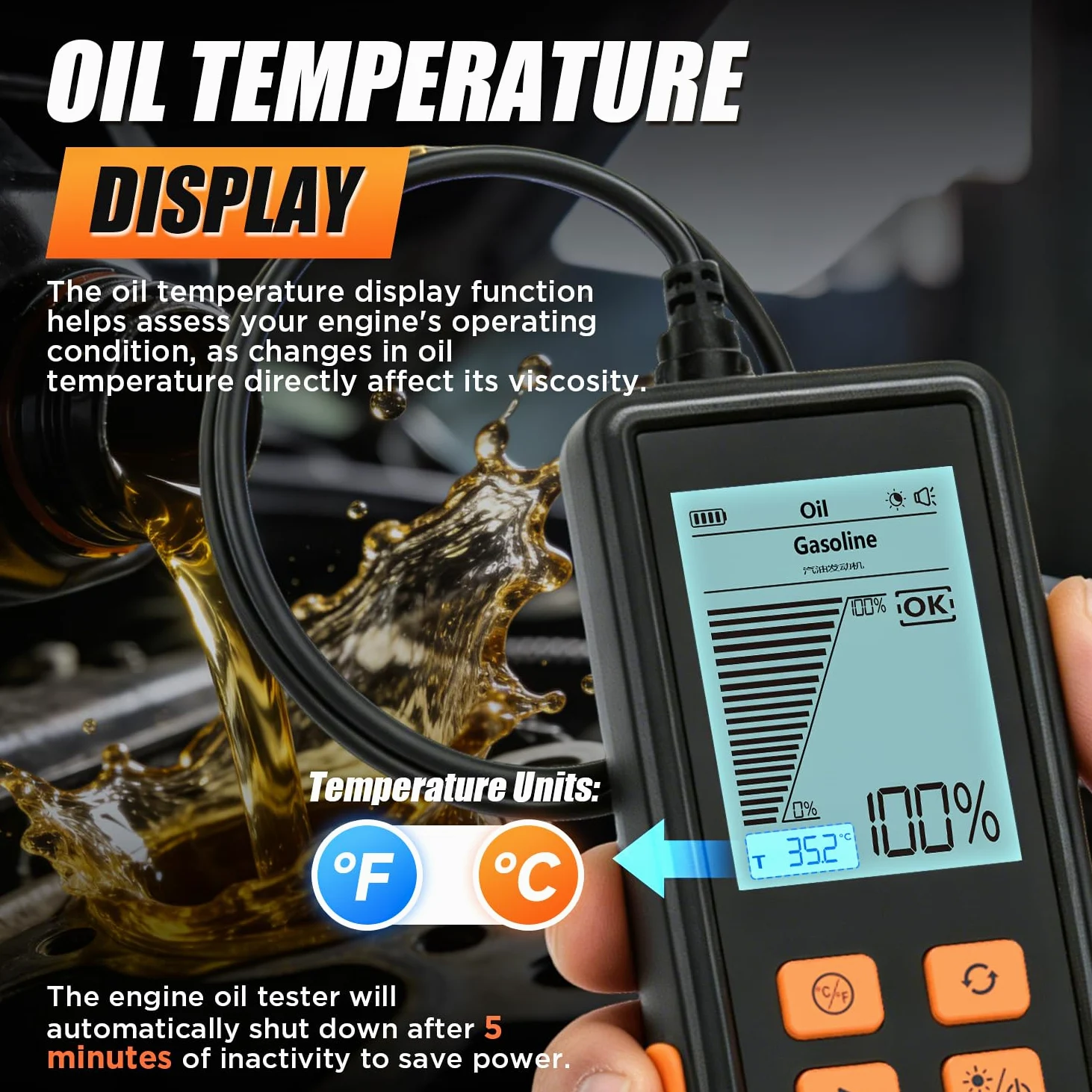 Probador de aceite de motor, probador de calidad de aceite de motor diésel y gasolina, sonda extendida de 50 pulgadas y respuesta rápida, analizador profesional de aceite de motor con pantalla LCD de