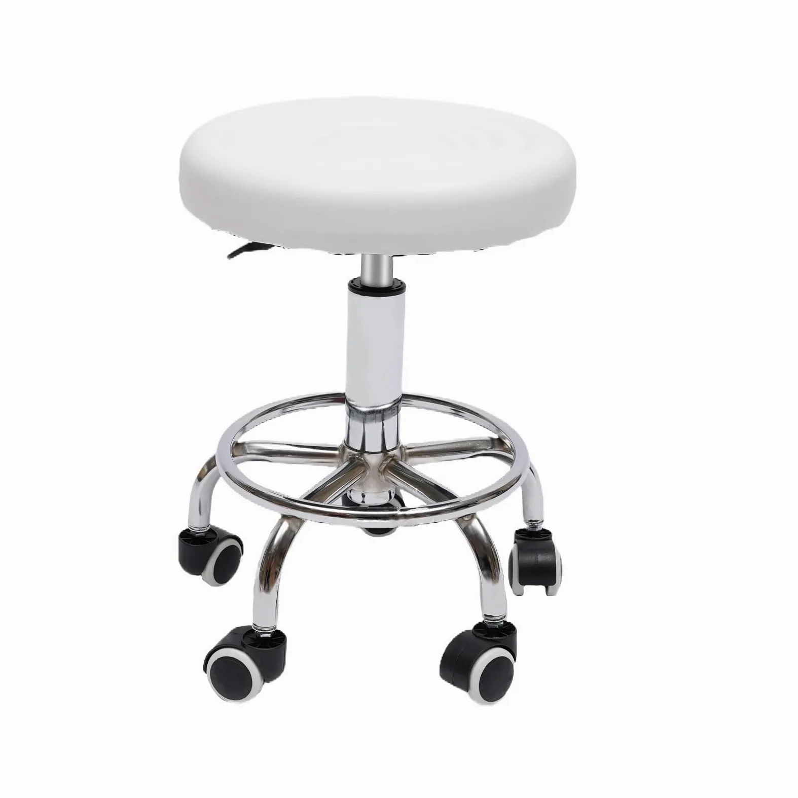 Asiento de mecanico Taburete Redondo con Ruedas y reposapiés de Altura Regulable para masajes de SPA y salón, Color Blanco y Negro Taburete Taller(White)