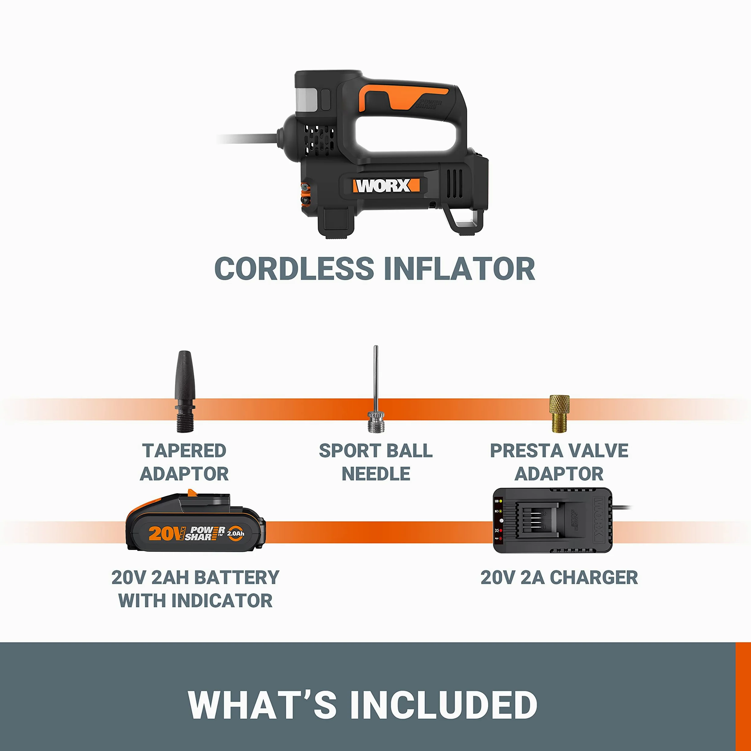 WORX 18V(20V MAX) Inflador sin Cable, Powershare, Potente Luz Led y Luz de Emergencia SOS, Alta Presión Máx. 150 PSI, 1 Batería incluida, WX092