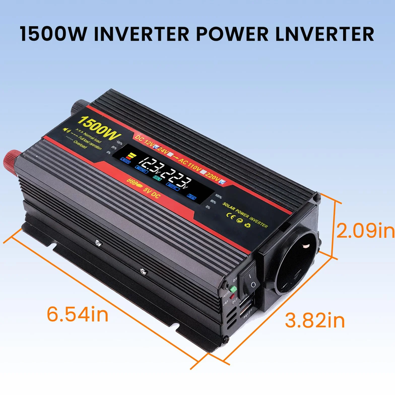 1500W Convertidor 12V 220V Transformador 12V A 220V Convertidor De Corriente, 1 Toma De Corriente Y 2 Puertos USB para AutomóViles, VehíCulos, Caravanas, Camiones