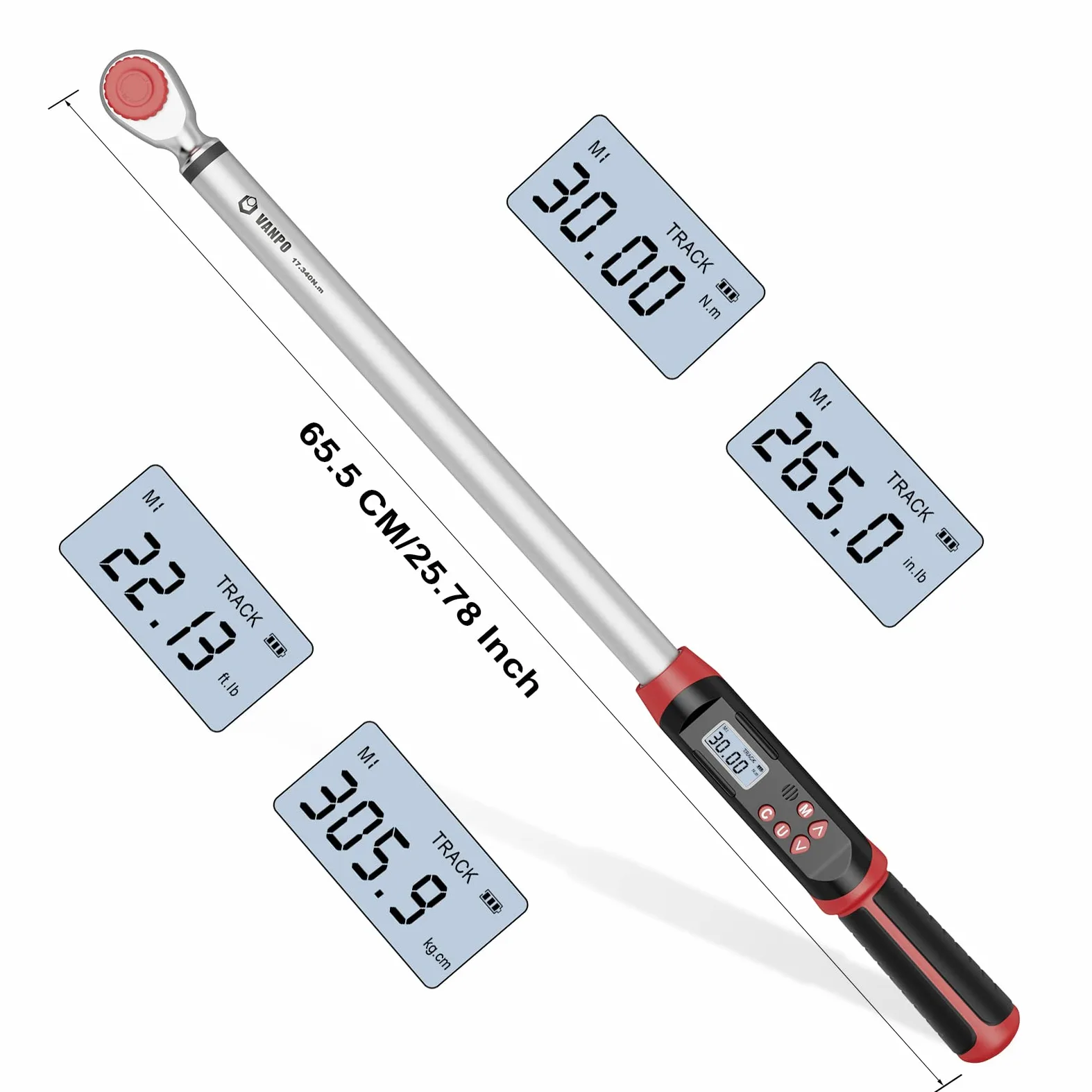 VANPO Llave Dinamométrica Digital 1/2" para Auto & Moto, 17-340Nm Llave Dinamométrica Kit, Precisión de Error ±2% con Memoria Preestablecida, Zumbador e Indicador LED