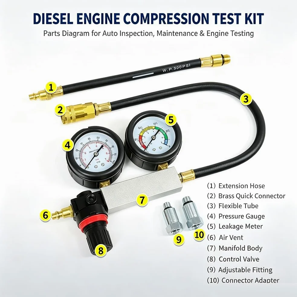 10PCS Comprobador de Compresión y Fugas, Probador de Compresión Automotriz | Para Motores de Gasolina y Diésel,Medidor de Presión de Fugas de Cilindros