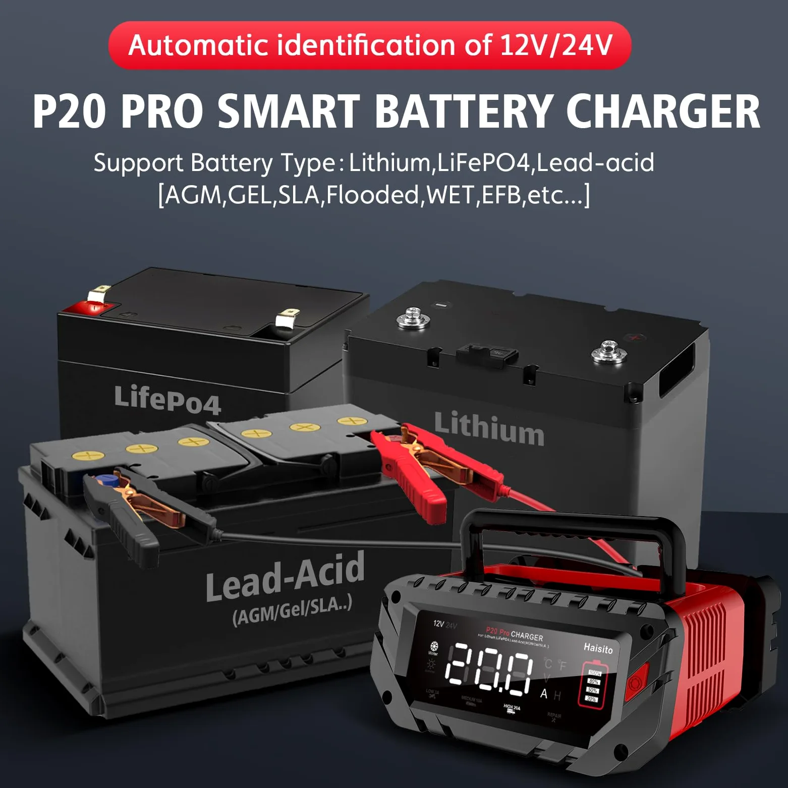 Haisito Cargador de batería de coche P20Pro, 12 V, 24 V, 20 A, cargador inteligente para baterías de iones de litio LiFePO4, baterías de plomo-ácido (AGM, GEL, EFB, MF, etc.), barcos, camiones