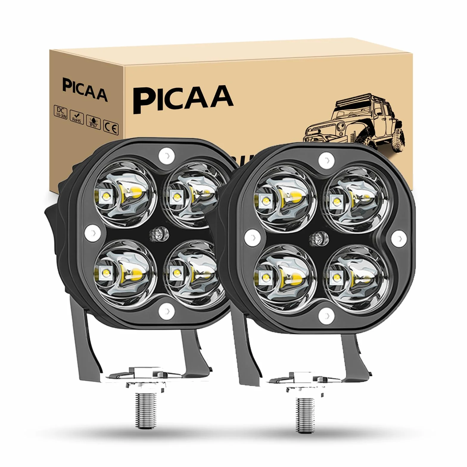 PICAA LED Work Light 2PCS 40W 3 Inch Flood Light 12V-24V 6000K White Tractor Fog Light for Car SUV UTV ATV Off-road Truck Boat