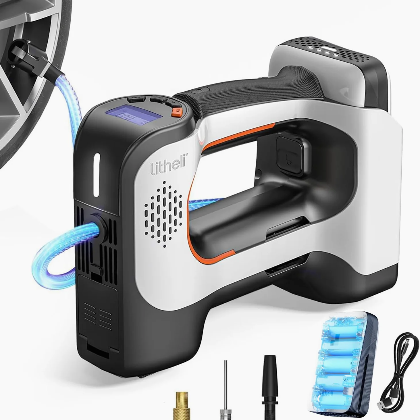 Litheli Bomba de Aire Eléctrica, Bomba Portátil con Batería de 10000 mAh, Pantalla Digital y Compresor LED, para Coches, Motocicletas, Bicicletas y Balones