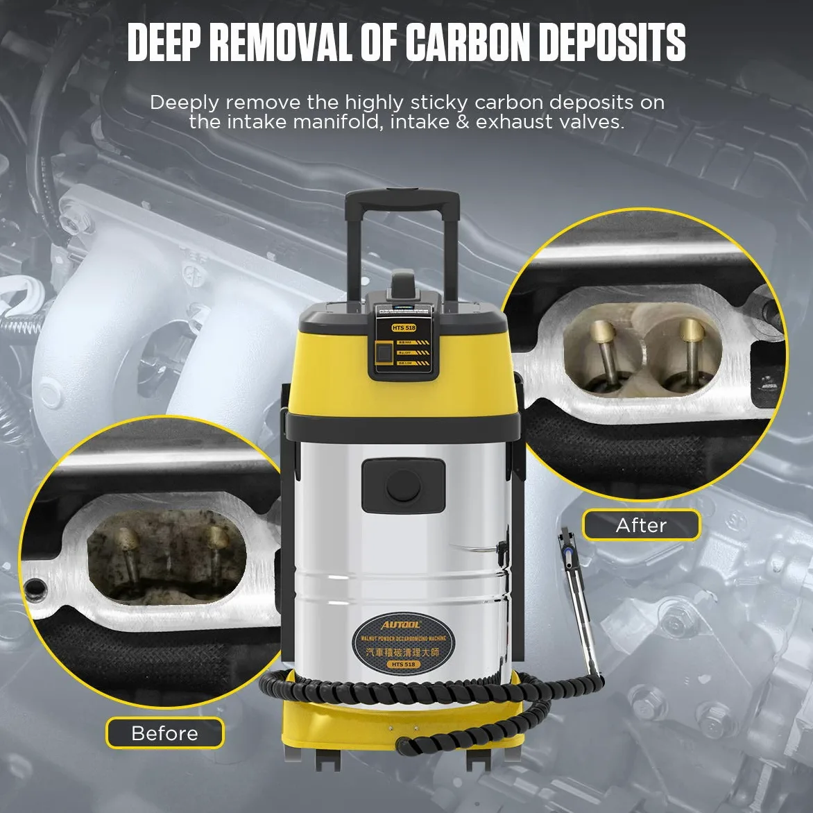 Limpiador de depósitos de carbono de nogal y arena, HTS518, limpiador de depósitos de carbono para motor de coche, válvula de entrada, limpiador de descarbonización, con 23 adaptadores para modelos de