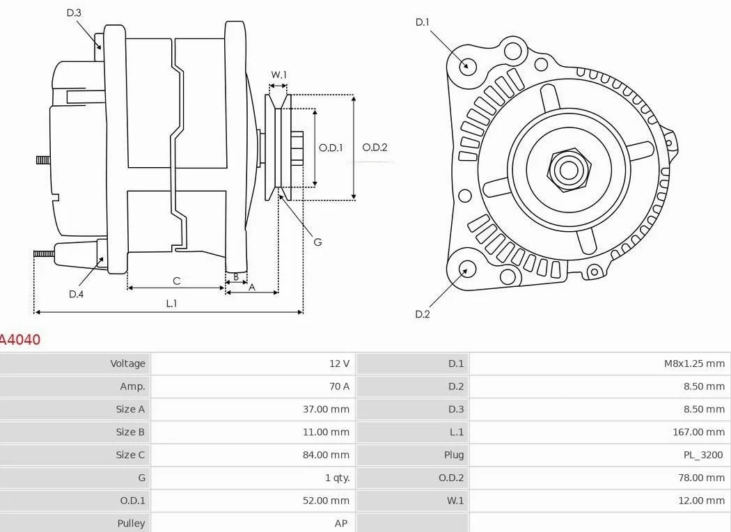 AS-PL Alternador A4040 70A generador con polea Compatible con LAND ROVER Range Rover I Discovery I LJ